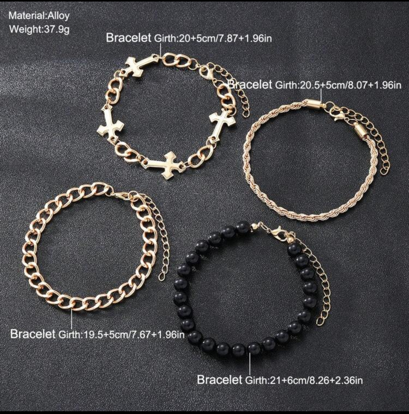 Four gold & black tone bracelets for men
