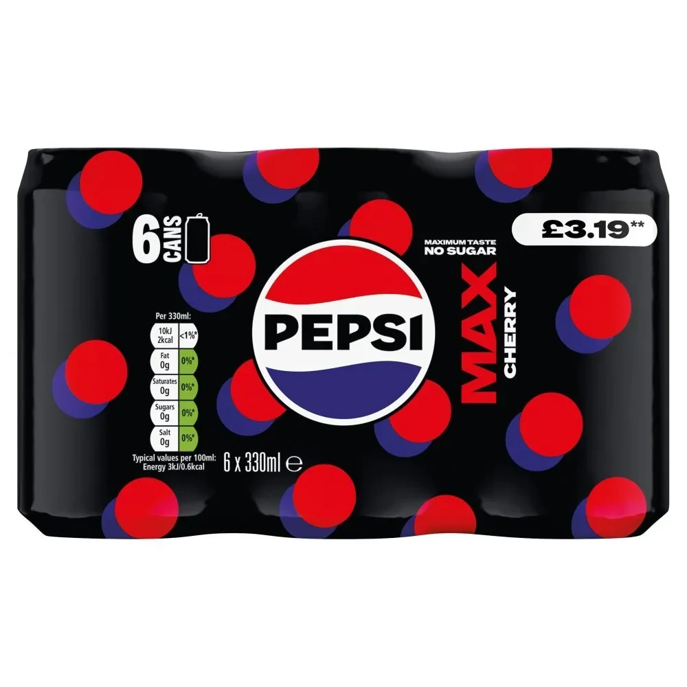 Pepsi Max Cherry No Sugar Cola Cans 6 x 330ml