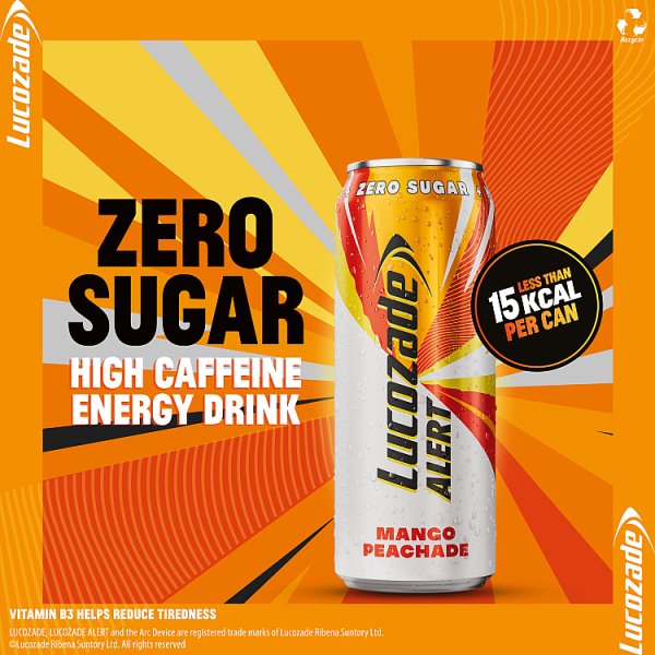 Lucozade Alert Energy Drink Zero Sugar Mango Peachade 500ml