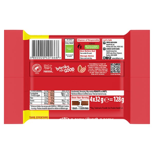 KitKat Chunky Snacksize Chocolate Bar 4 Pack Multipack 128g