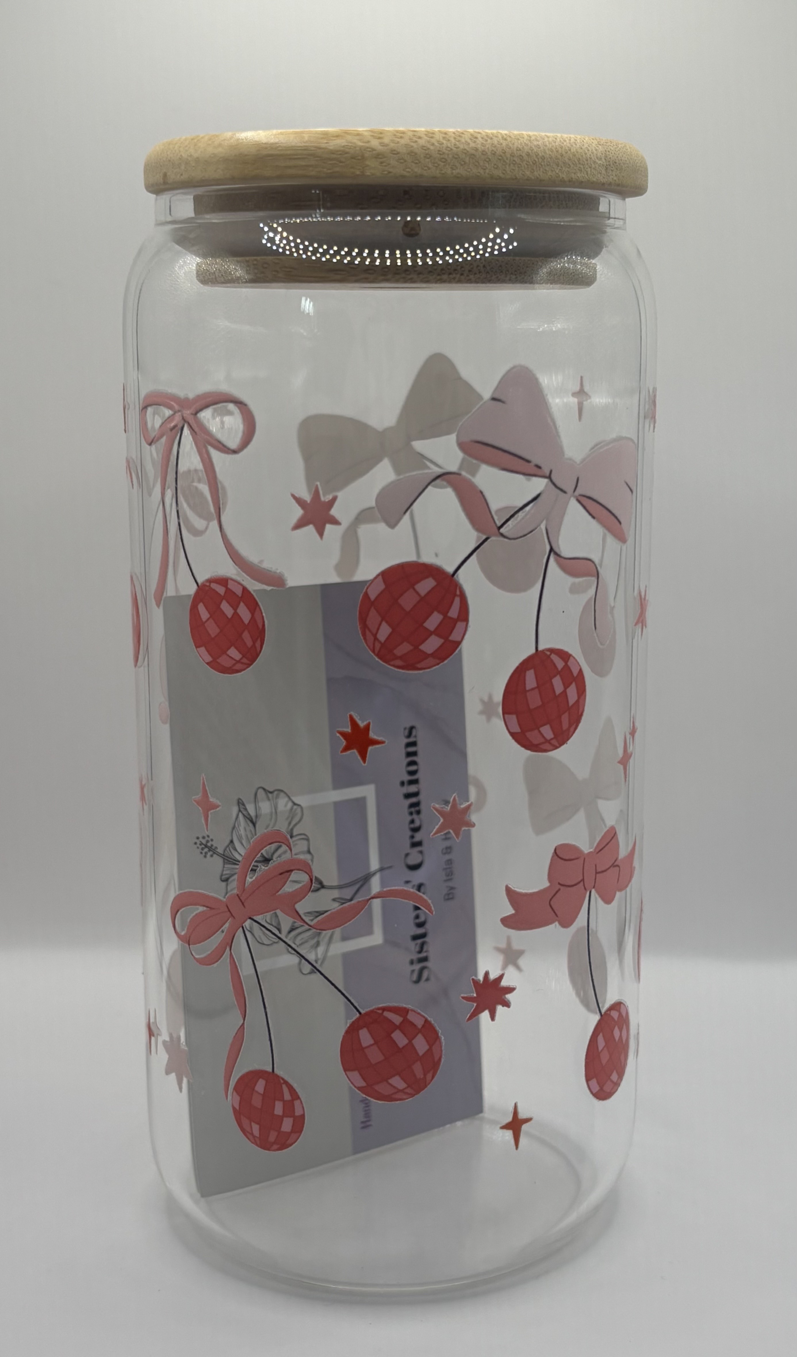 Pink Disco Cherry Glass Cup (Light Oak Lid) 16oz