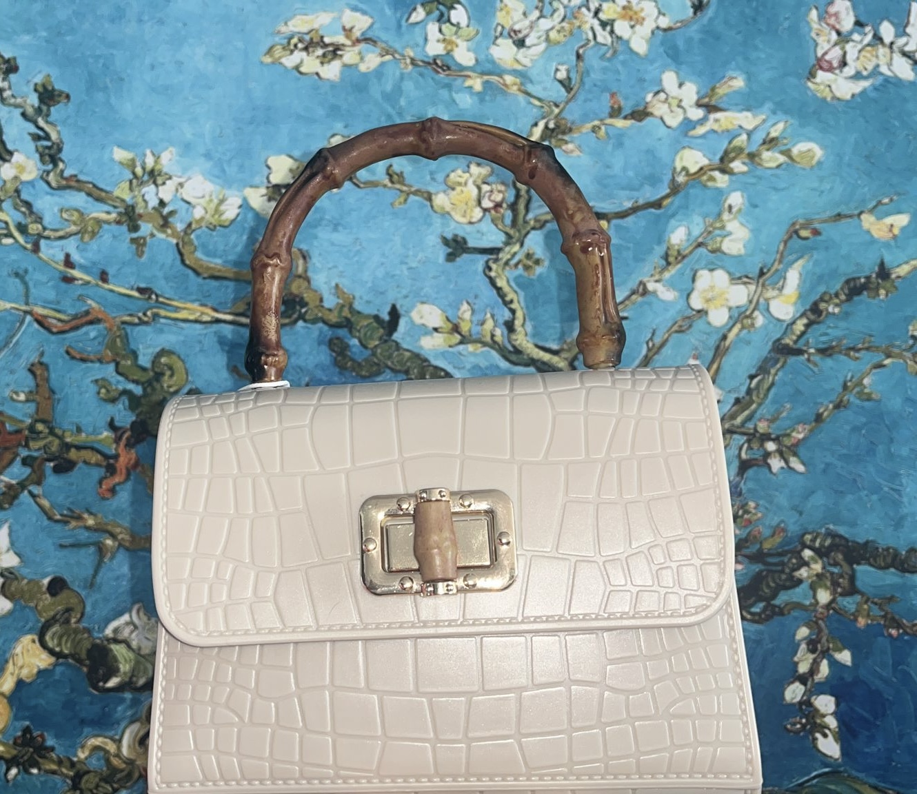 Cream Moc Croc Bamboo Handle Bag