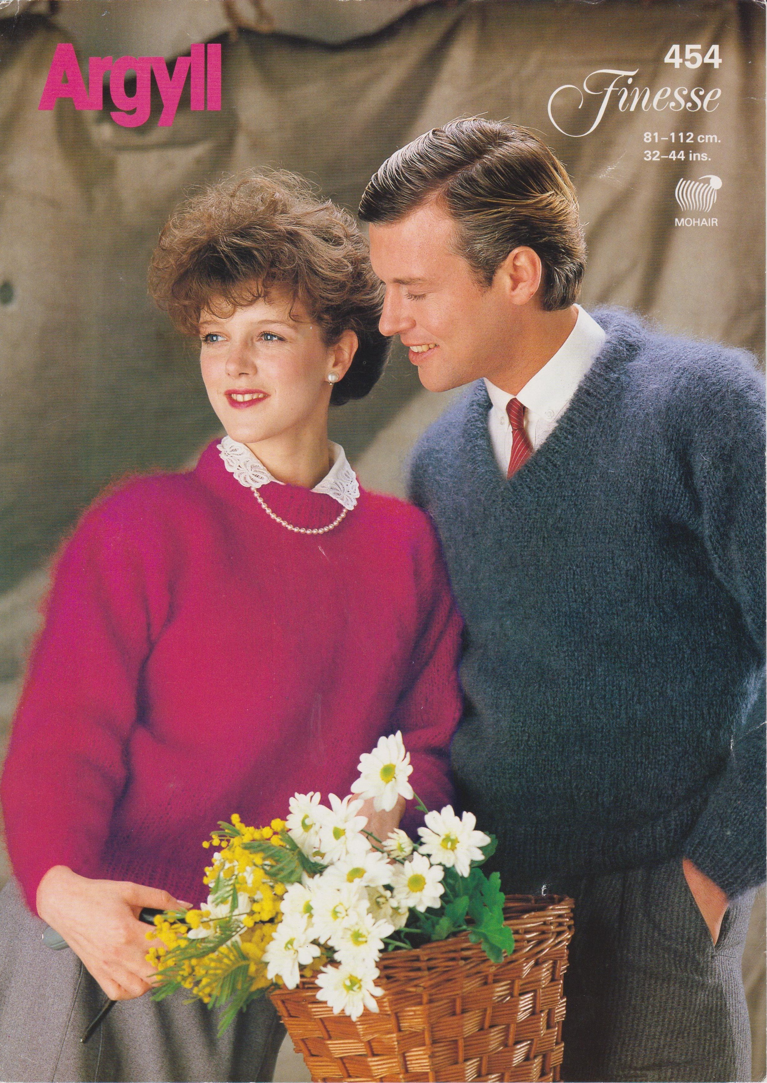 ARGYLL454 - UNISEX SWEATERS WITH V OR ROUND NECKS IN MOHAIR - PDF KNITTING PATTERN