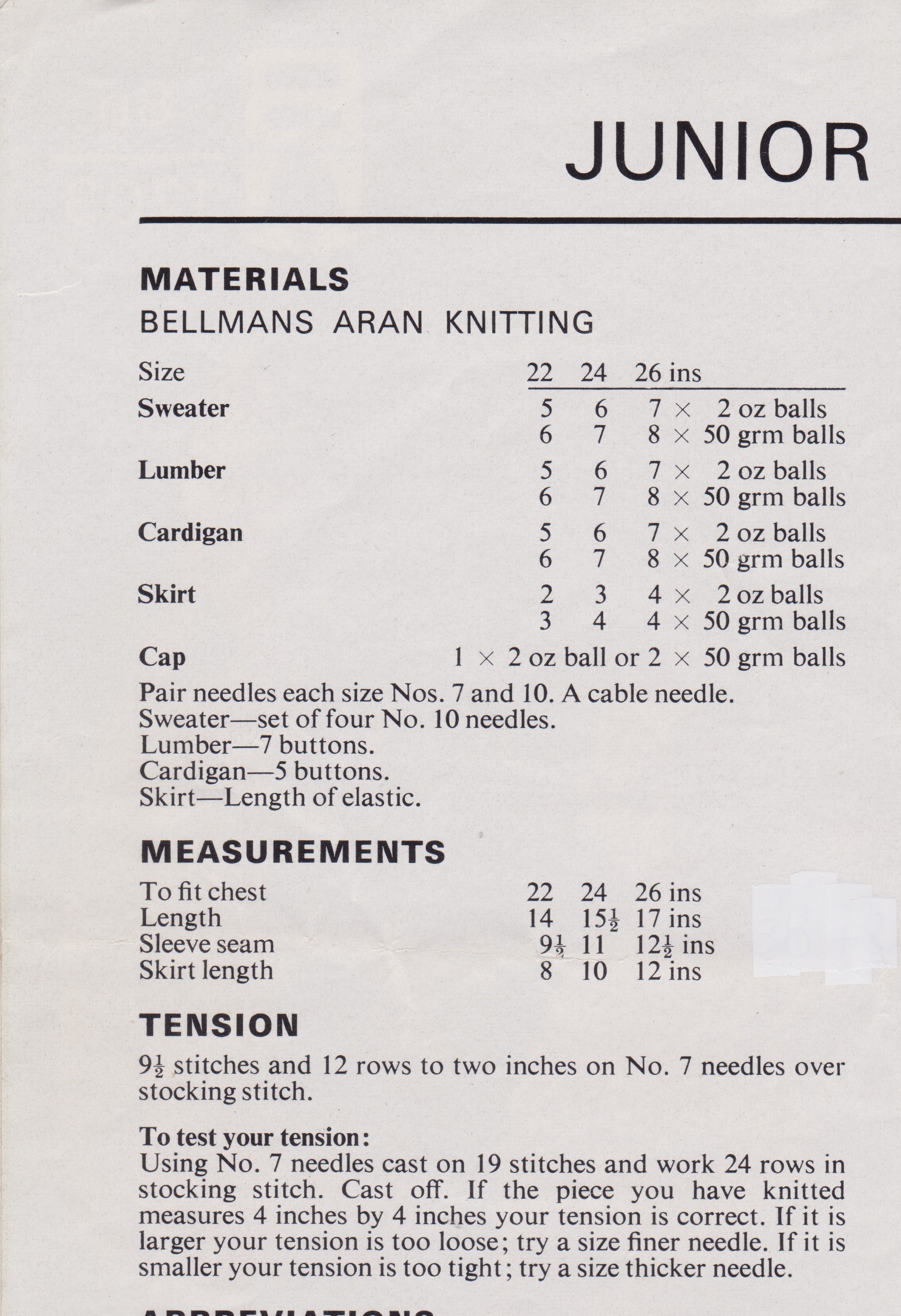 BELLMANS1203 - JUNIOR ARANS SWEATER, CARDIGAN, JACKET, SKIRT AND HAT - PDF KNITTING PATTERN