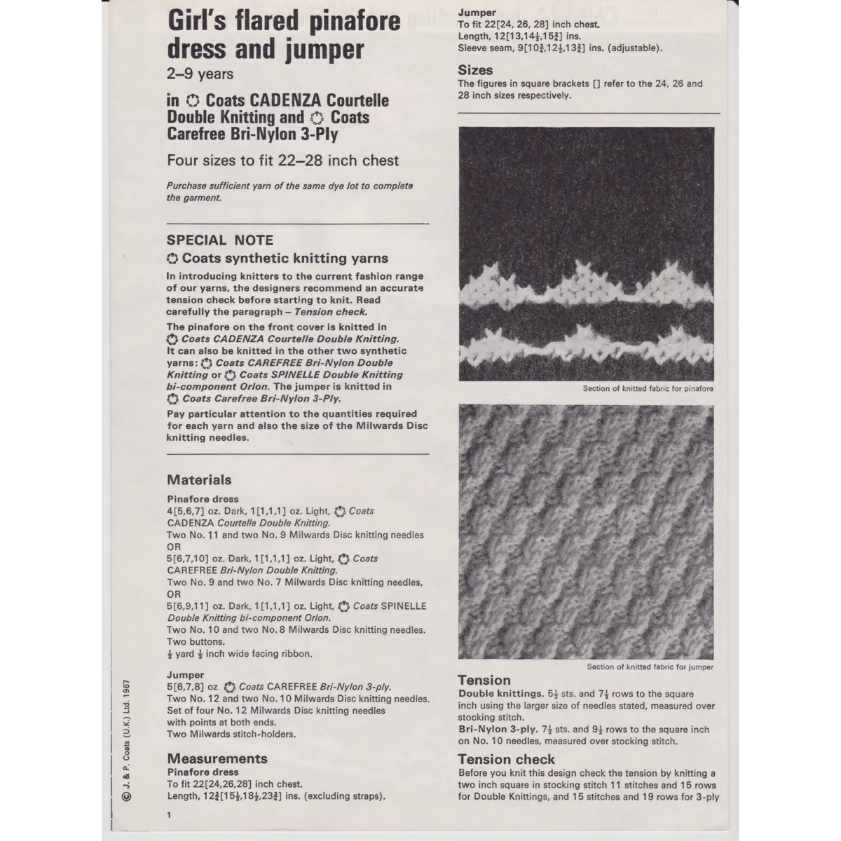 COATS62 - GIRL'S PINAFORE AND SWEATER IN DK AND 3 PLY - PDF KNITTING PATTERN