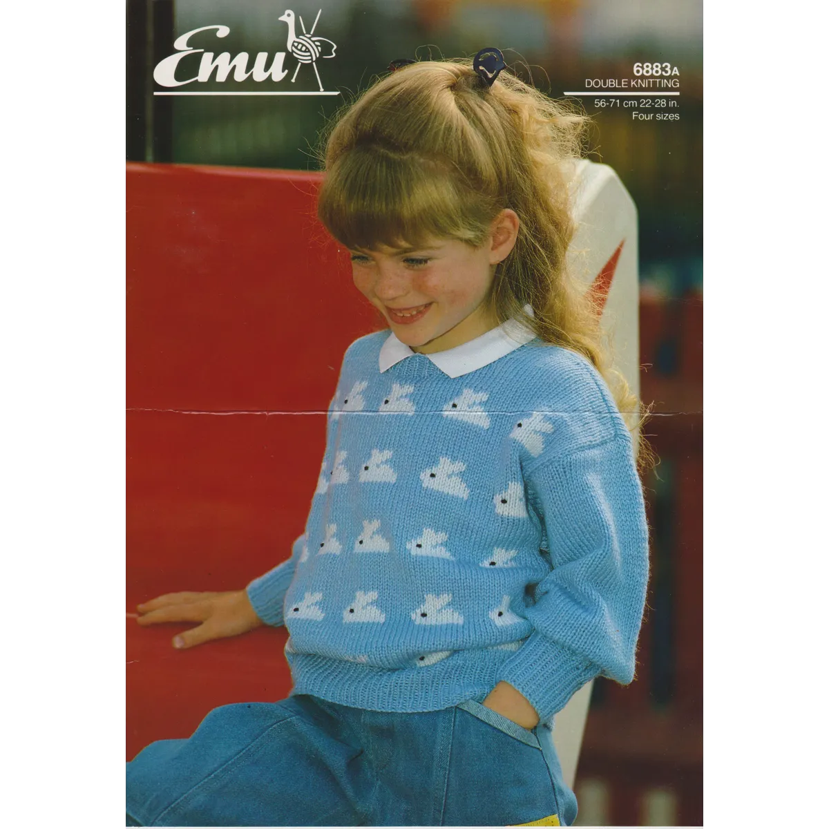 Emu6883A - GIRL'S SWEATER KNITTING PATTERN PDF WITH RABBIT MOTIF