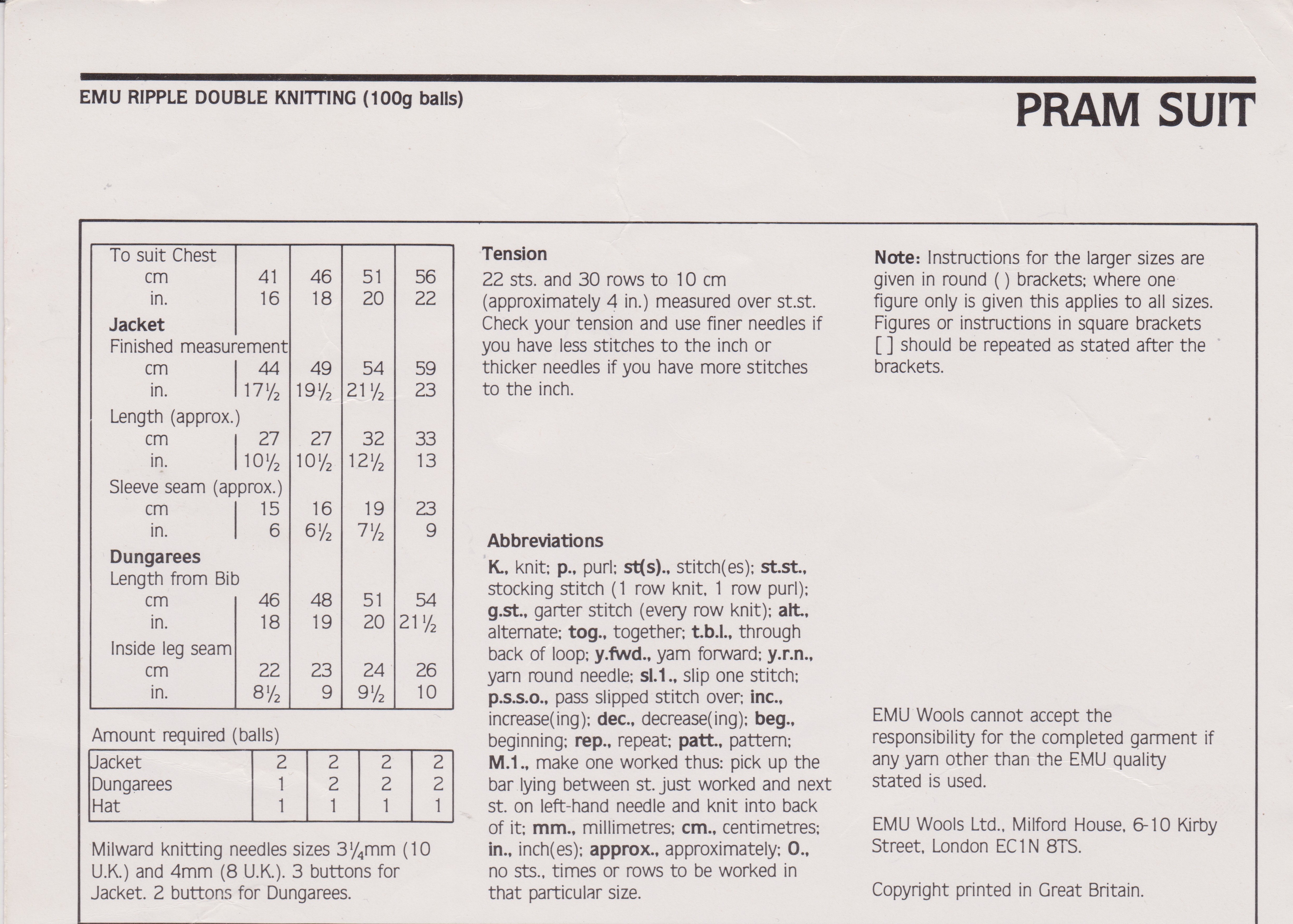EMU8719 - BABY PRAM SUIT KNITTING PATTERN PDF