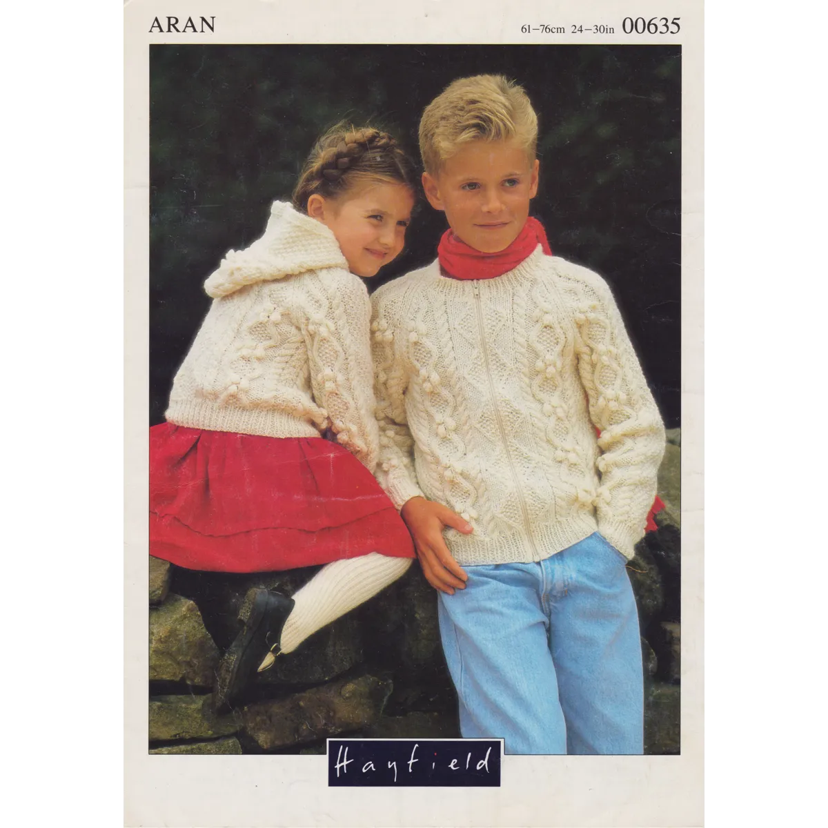 HAYFIELD00635 - GIRL OR BOY'S ARAN JACKET KNITTING PATTERN PDF