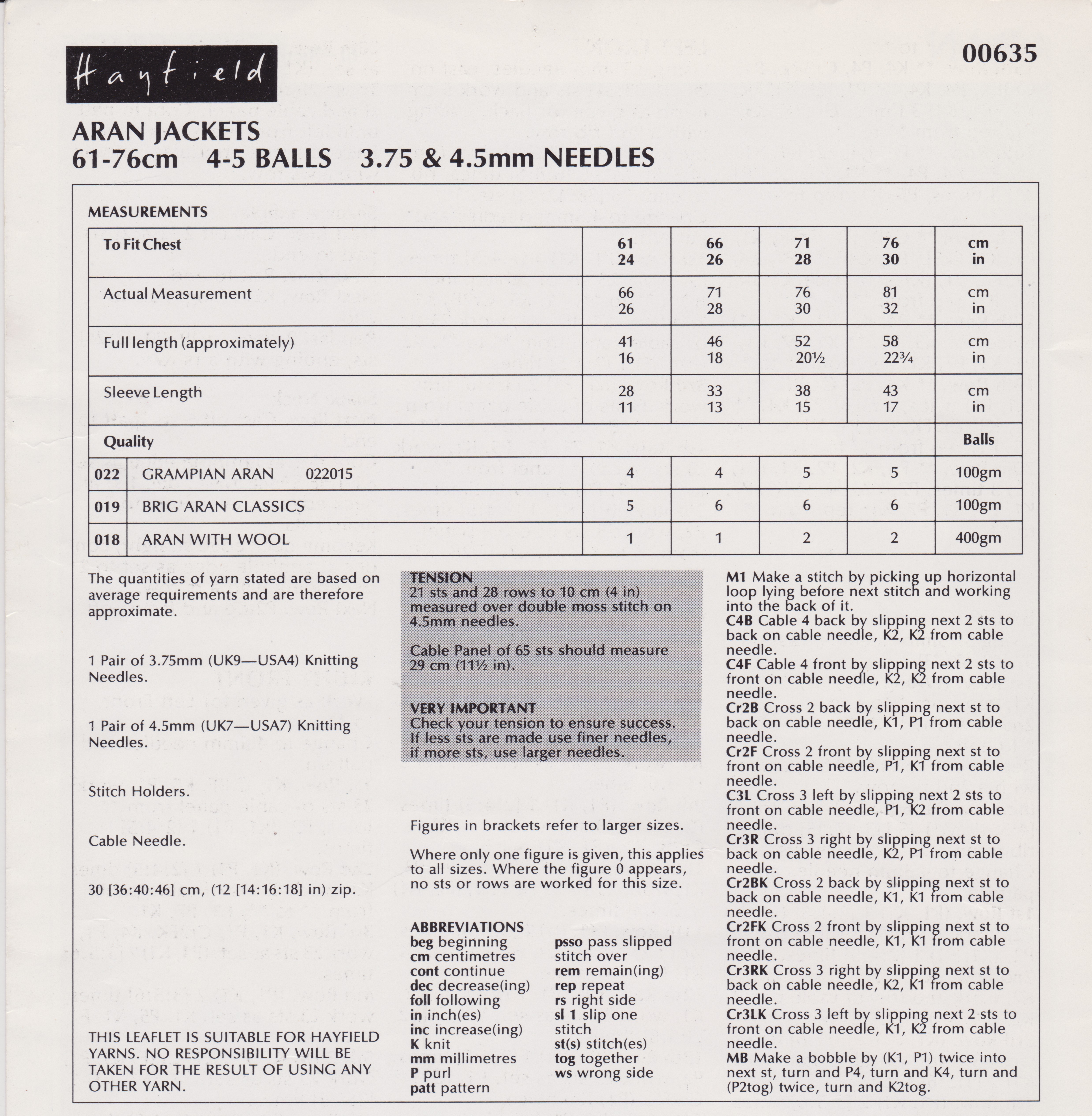 HAYFIELD00635 - GIRL OR BOY'S ARAN JACKET KNITTING PATTERN PDF
