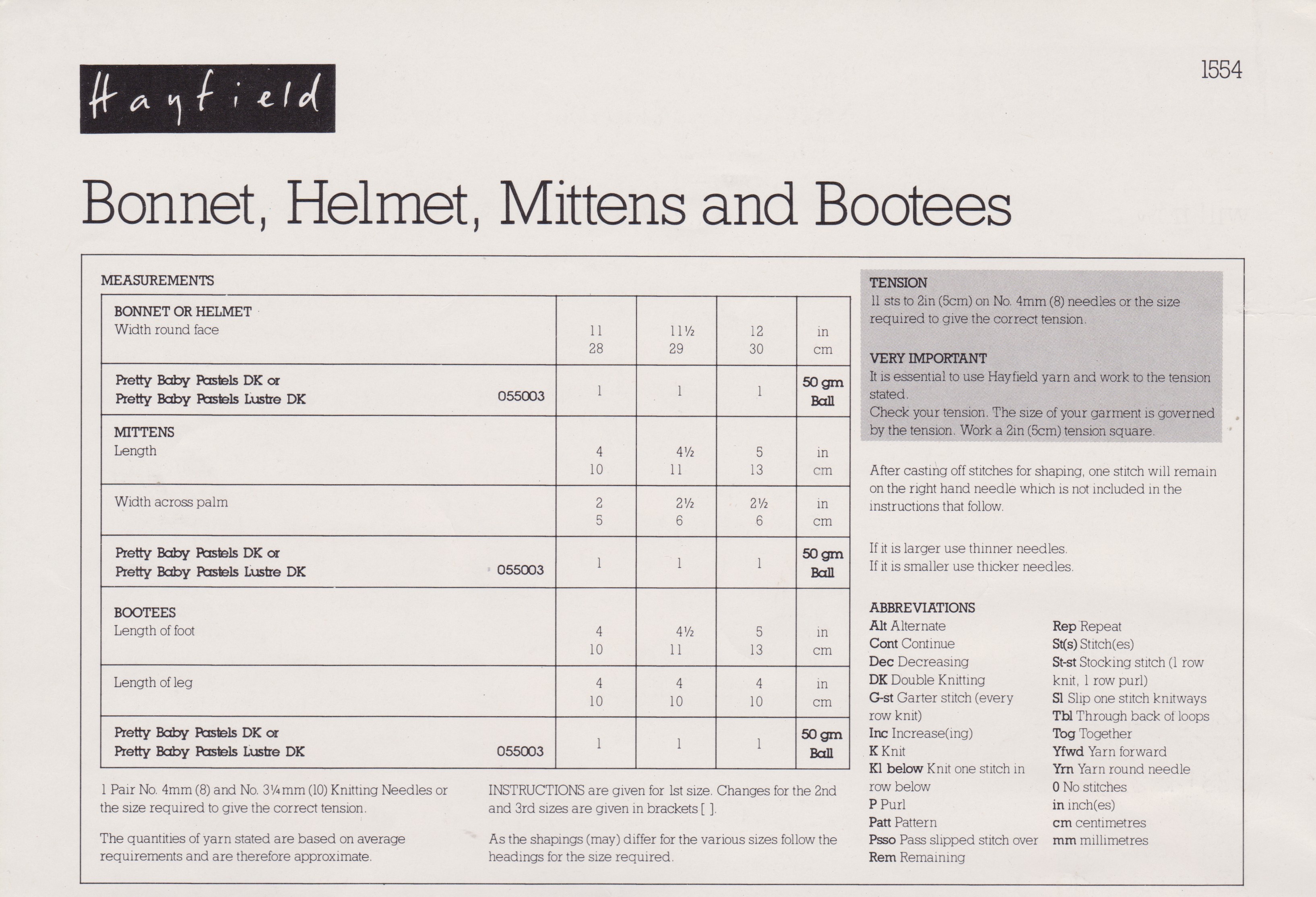 HAYFIELD1554 - BABY HAT AND MITTENS KNITTING PATTERN PDF