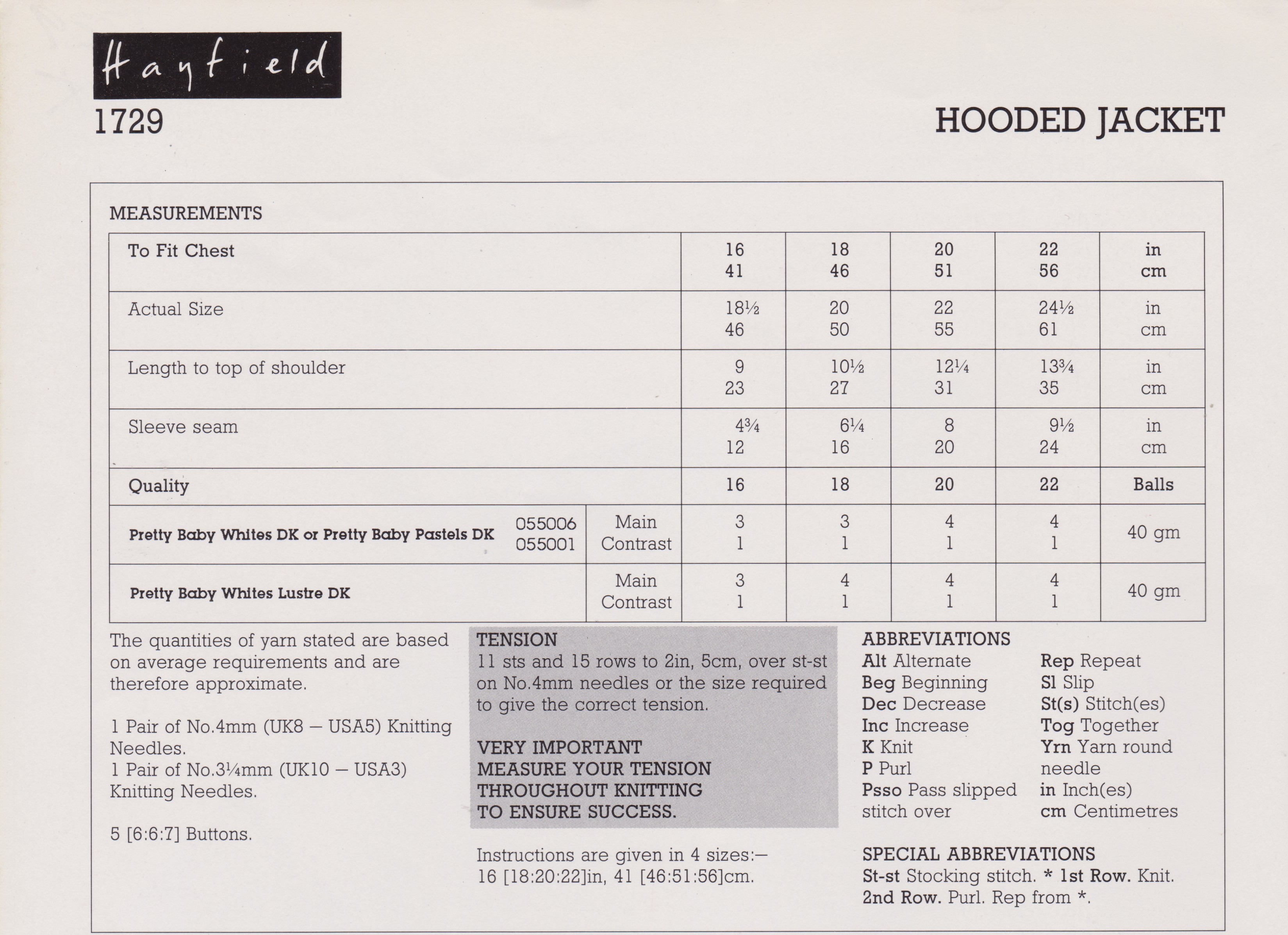 HAYFIELD1729 - INFANT HOODED JACKET KNITTING PATTERN PDF