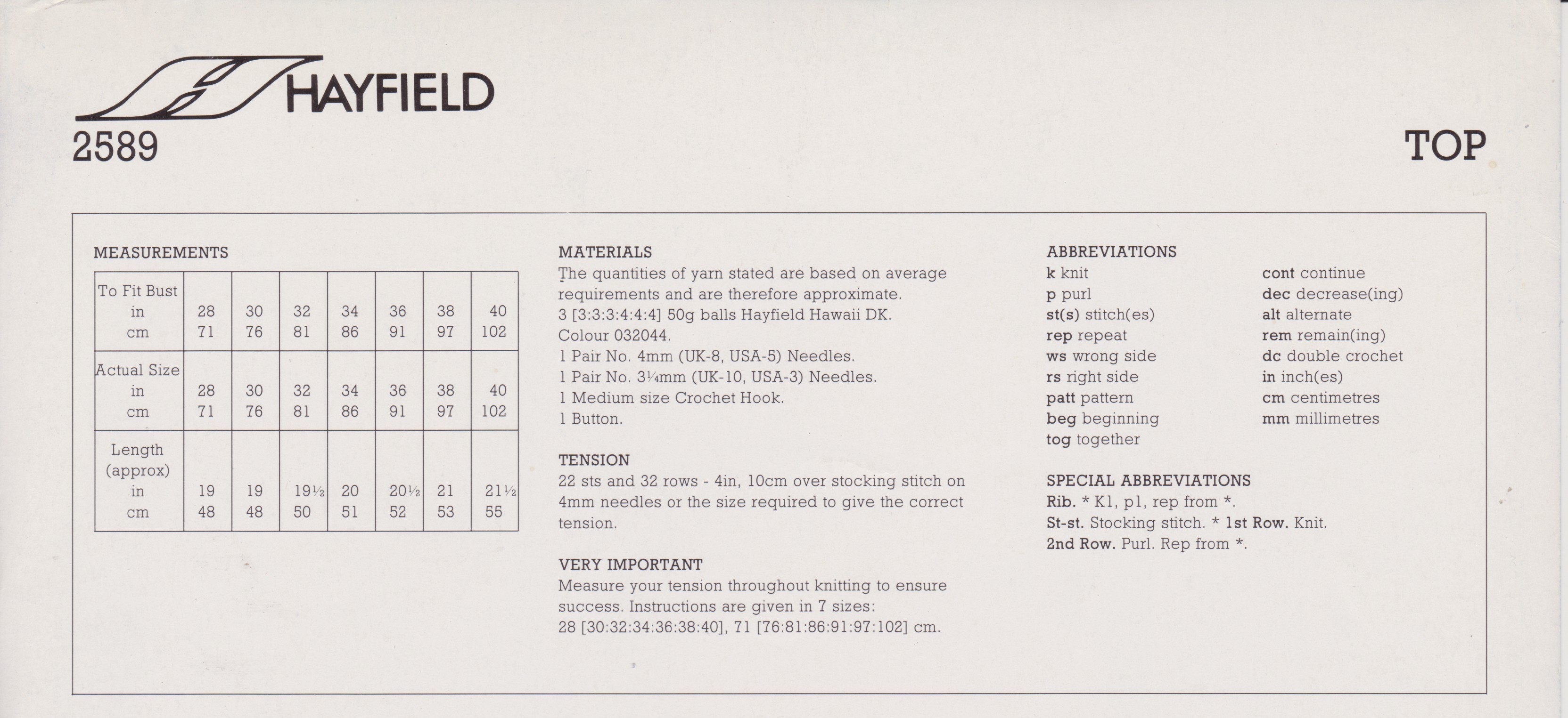 HAYFIELD2589 - WOMAN'S AND GIRL'S SLEEVELESS TOP IN DK - PDF KNITTING PATTERN