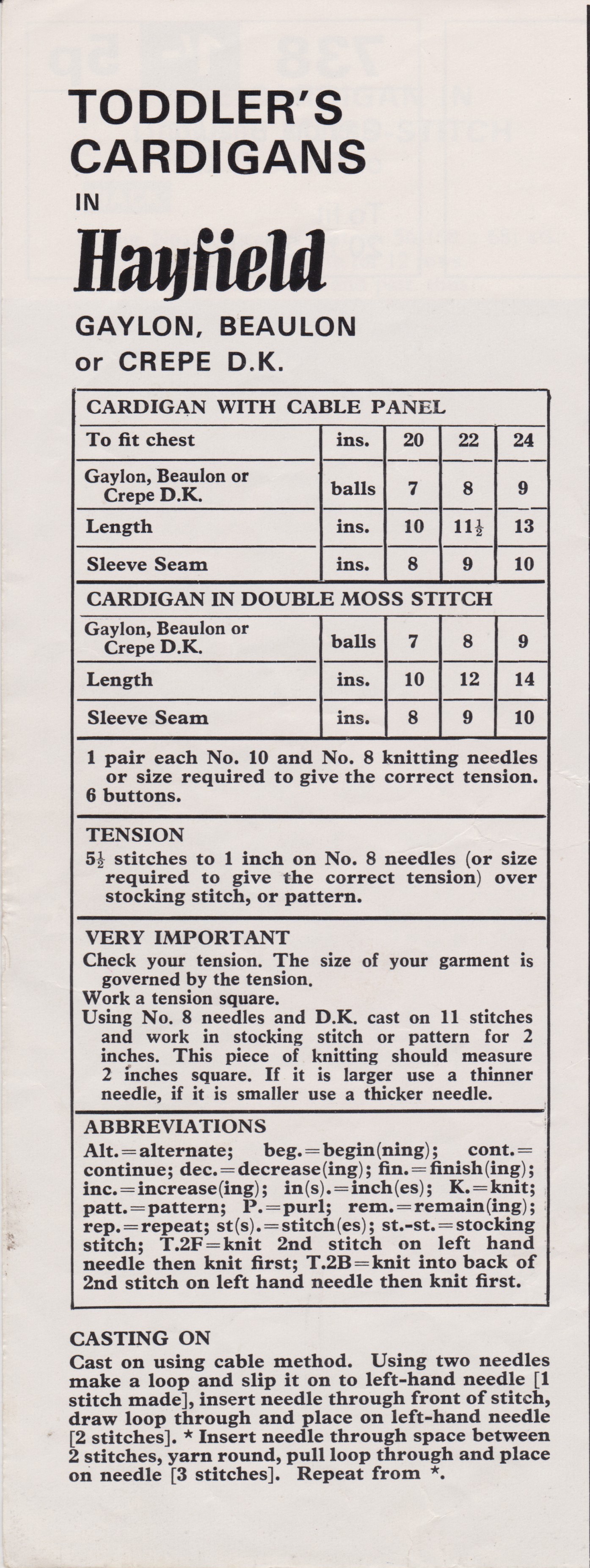 HAYFIELD738 - GIRL'S CARDIGAN KNITTING PATTERN PDF