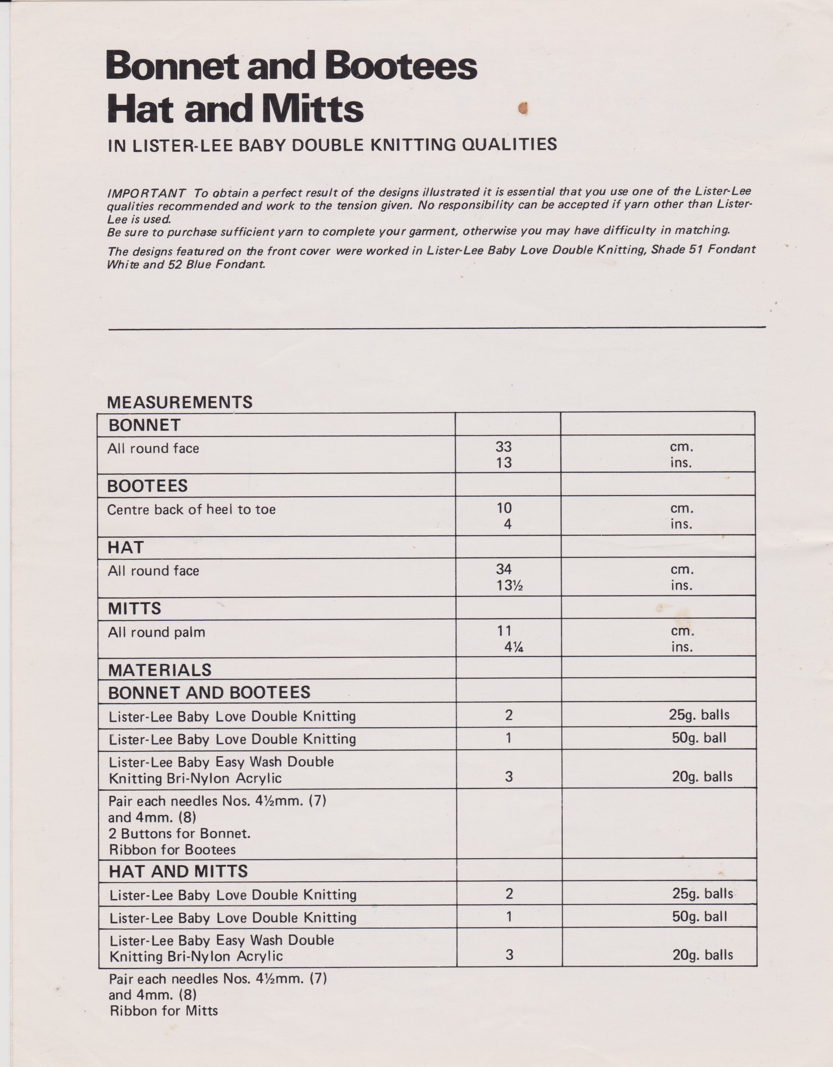 LISTERK1368 - BABY HAT, BONNET, BOOTEES AND MITTS KNITTING PATTERN PDF