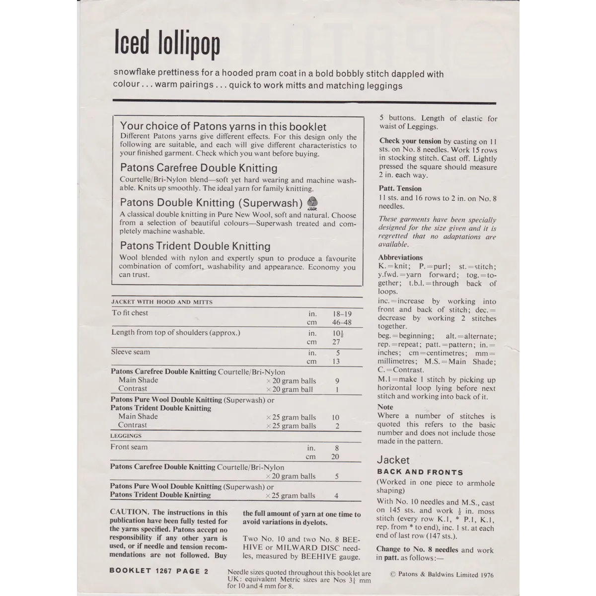 PATONS1267 - BABY HOODED JACKET, MITTS AND LEGGINGS KNITTING PATTERN PDF