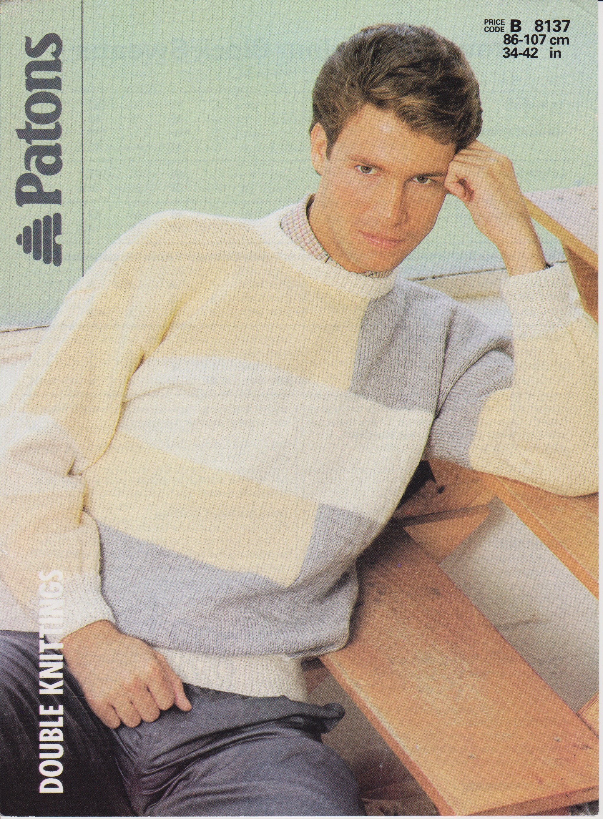 PATONS8137 - MAN'S COLOUR BLOCK DESIGN ROUND NECK SWEATER IN DK - PDF KNITTING PATTERN