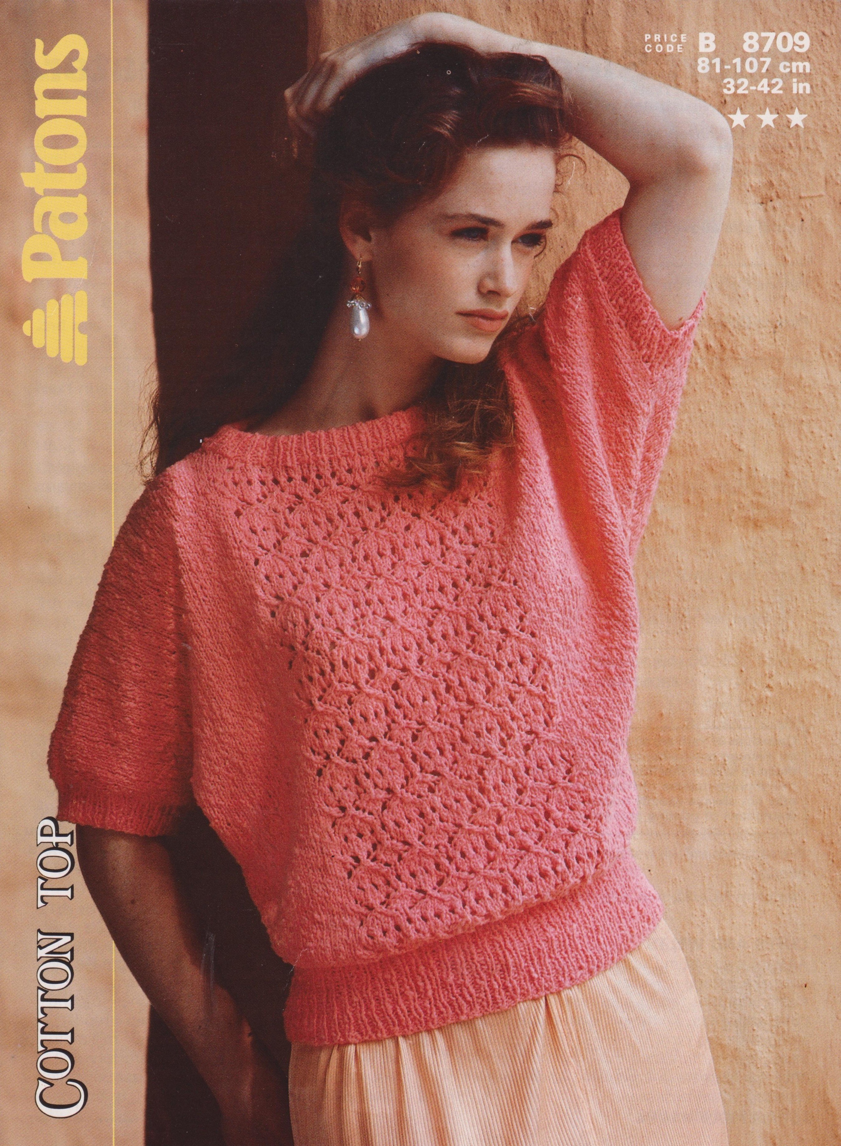 PATONS8709 - WOMAN'S SHORT SLEEVE DOLMAN SWEATER IN COTTON DK - PDF KNITTING PATTERN