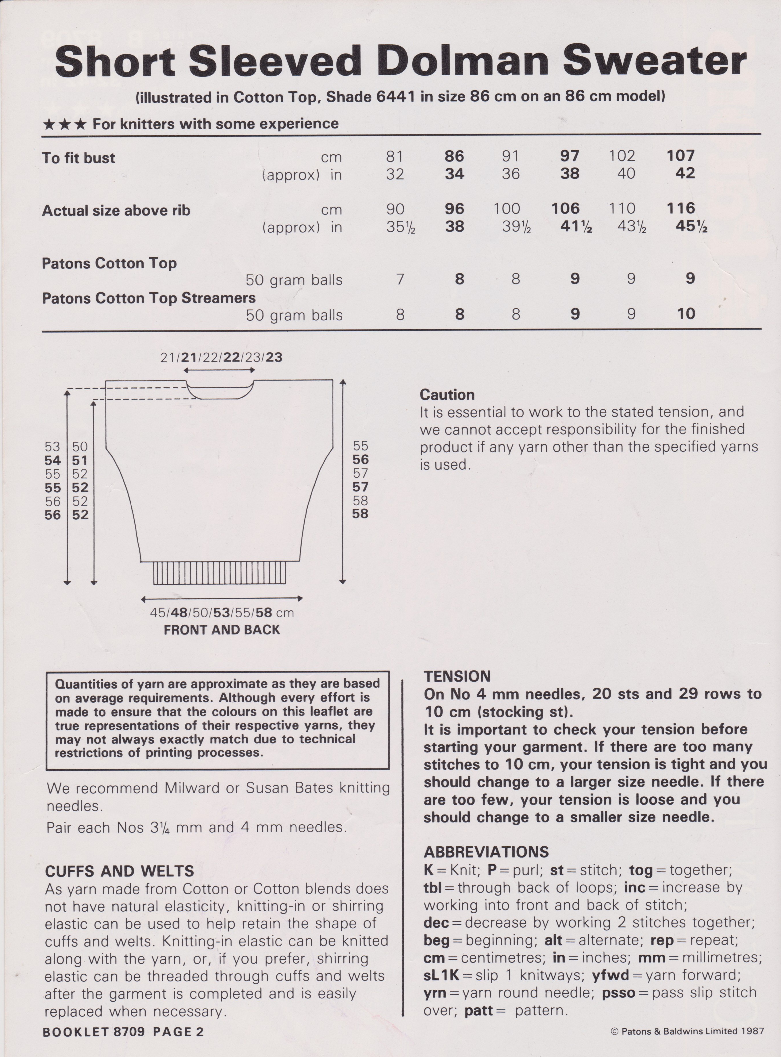 PATONS8709 - WOMAN'S SHORT SLEEVE DOLMAN SWEATER IN COTTON DK - PDF KNITTING PATTERN