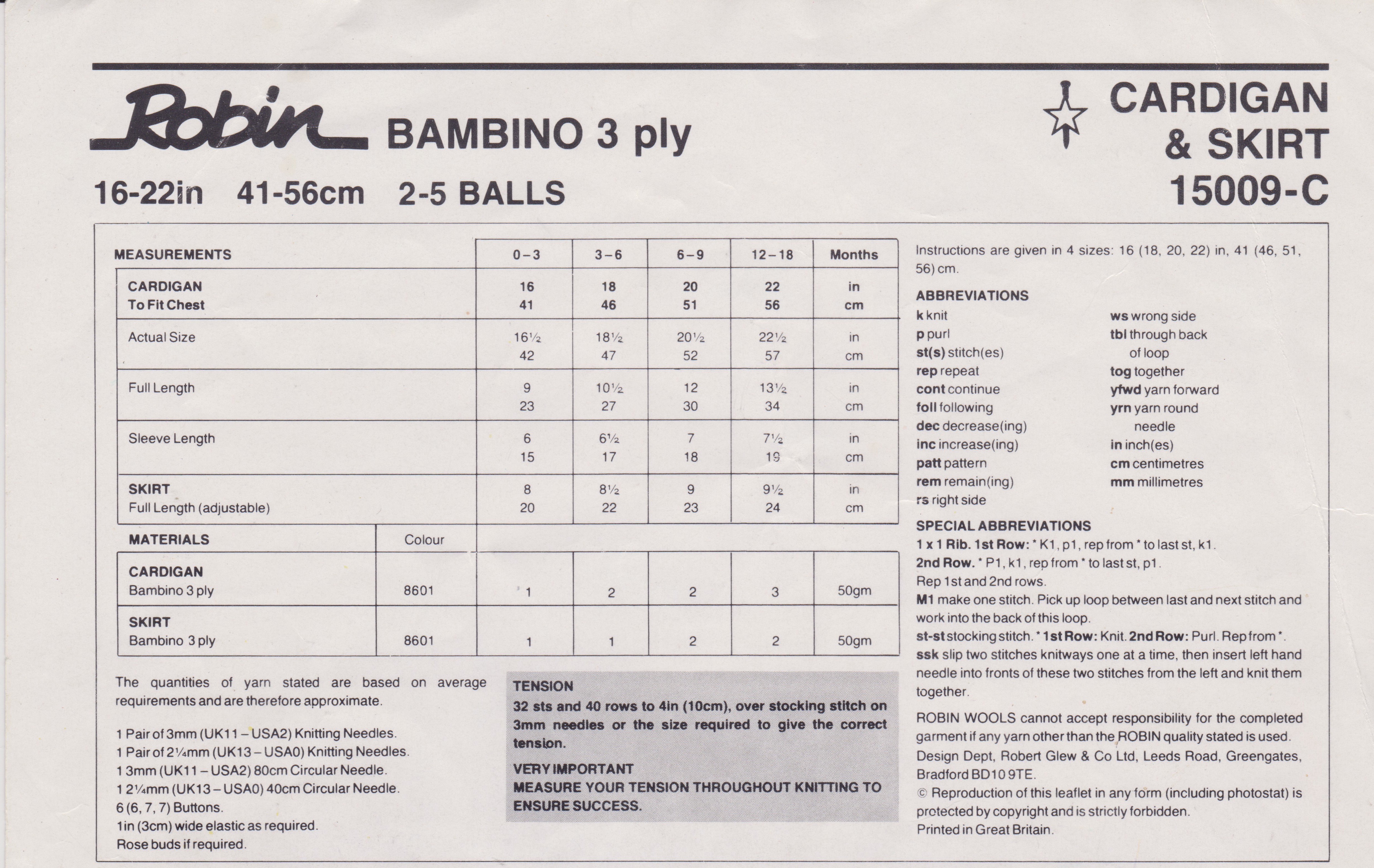 ROBIN15009 - BABY GIRL'S CARDIGAN AND SKIRT - PDF KNITTING PATTERN