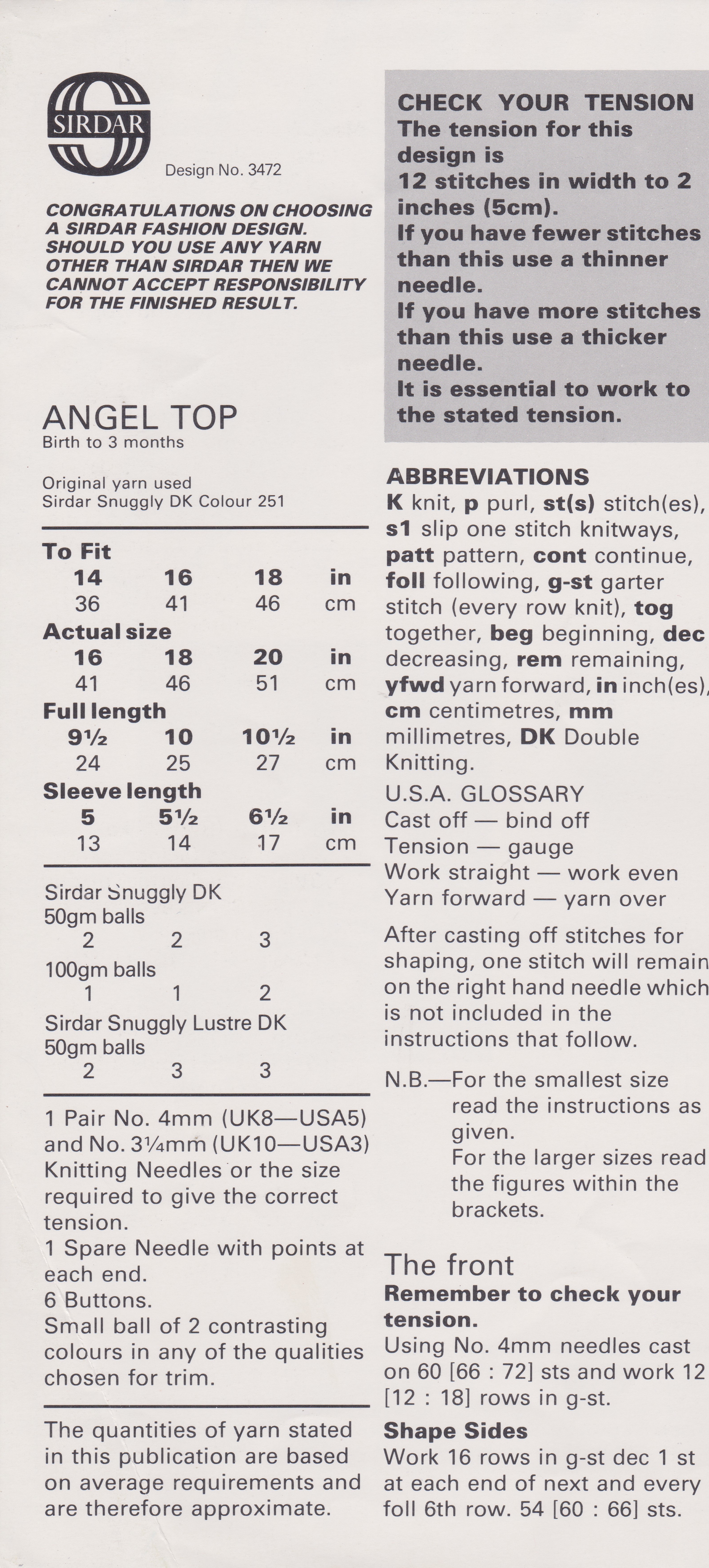 SIRDAR3472 - BABY CABLE DESIGN ANGEL TOP KNITTING PATTERN PDF