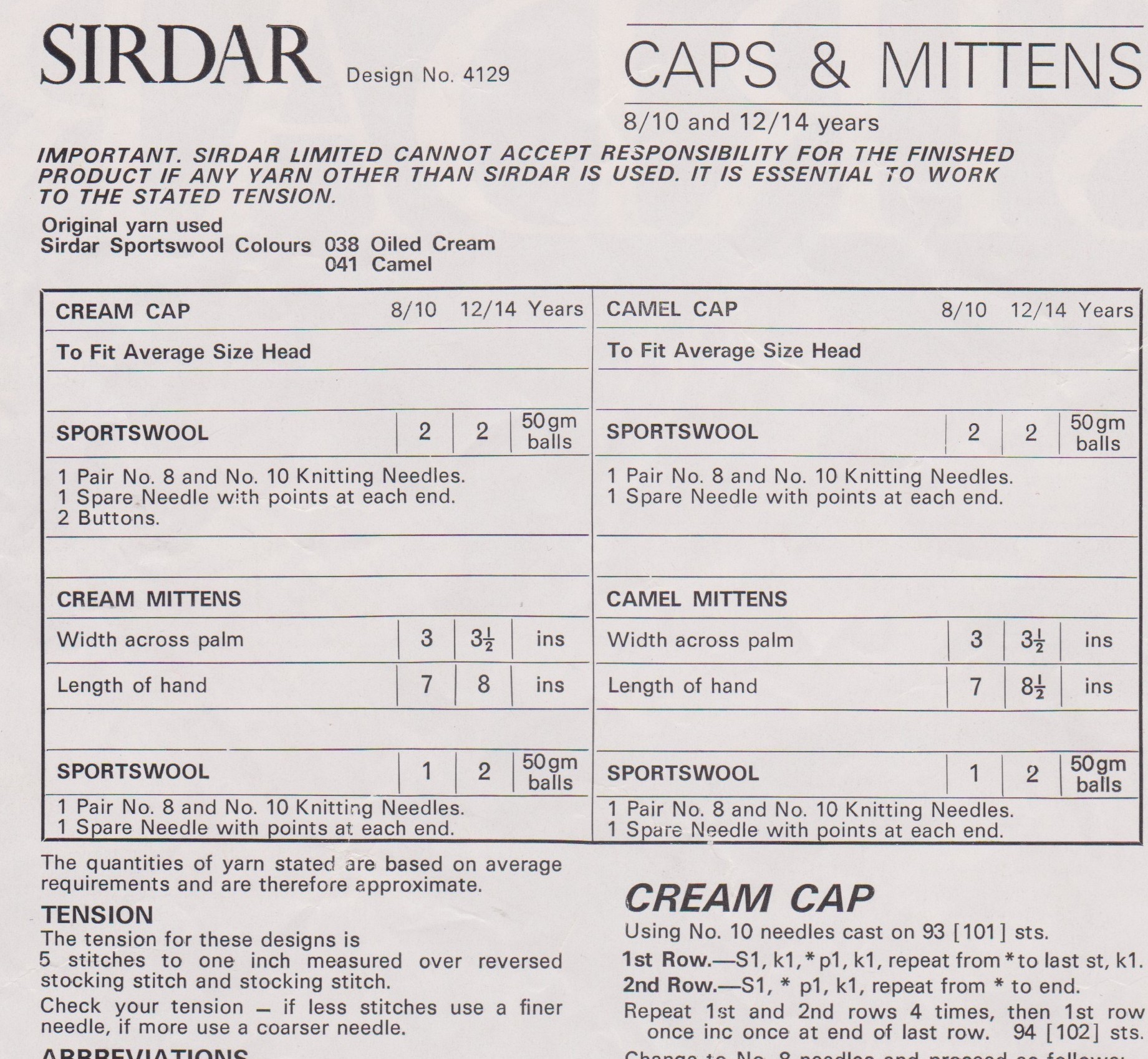 SIRDAR4129 - CHILD'S HAT AND MITTS IN ARAN - PDF KNITTING PATTERN