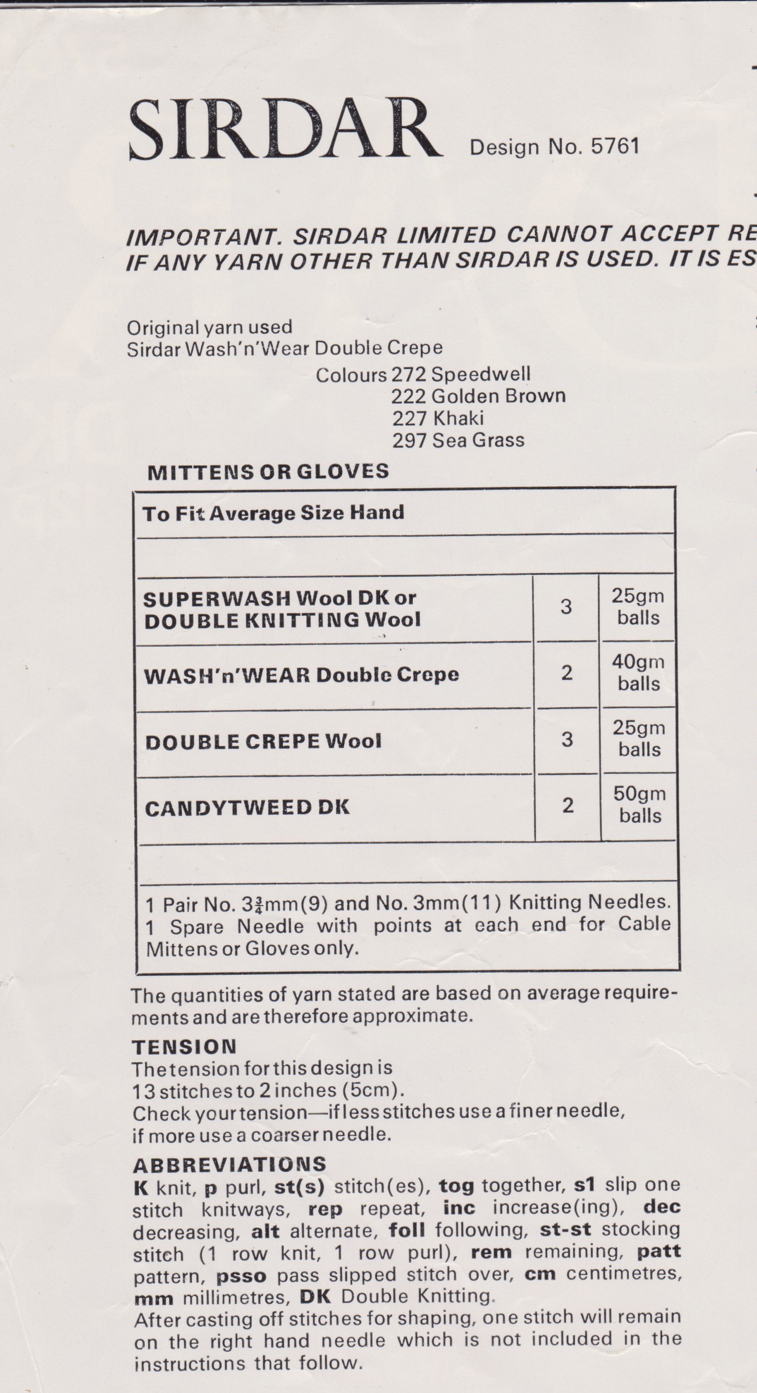 SIRDAR5761 - ADULT GLOVES AND MITTENS IN DK PDF KNITTING PATTERN