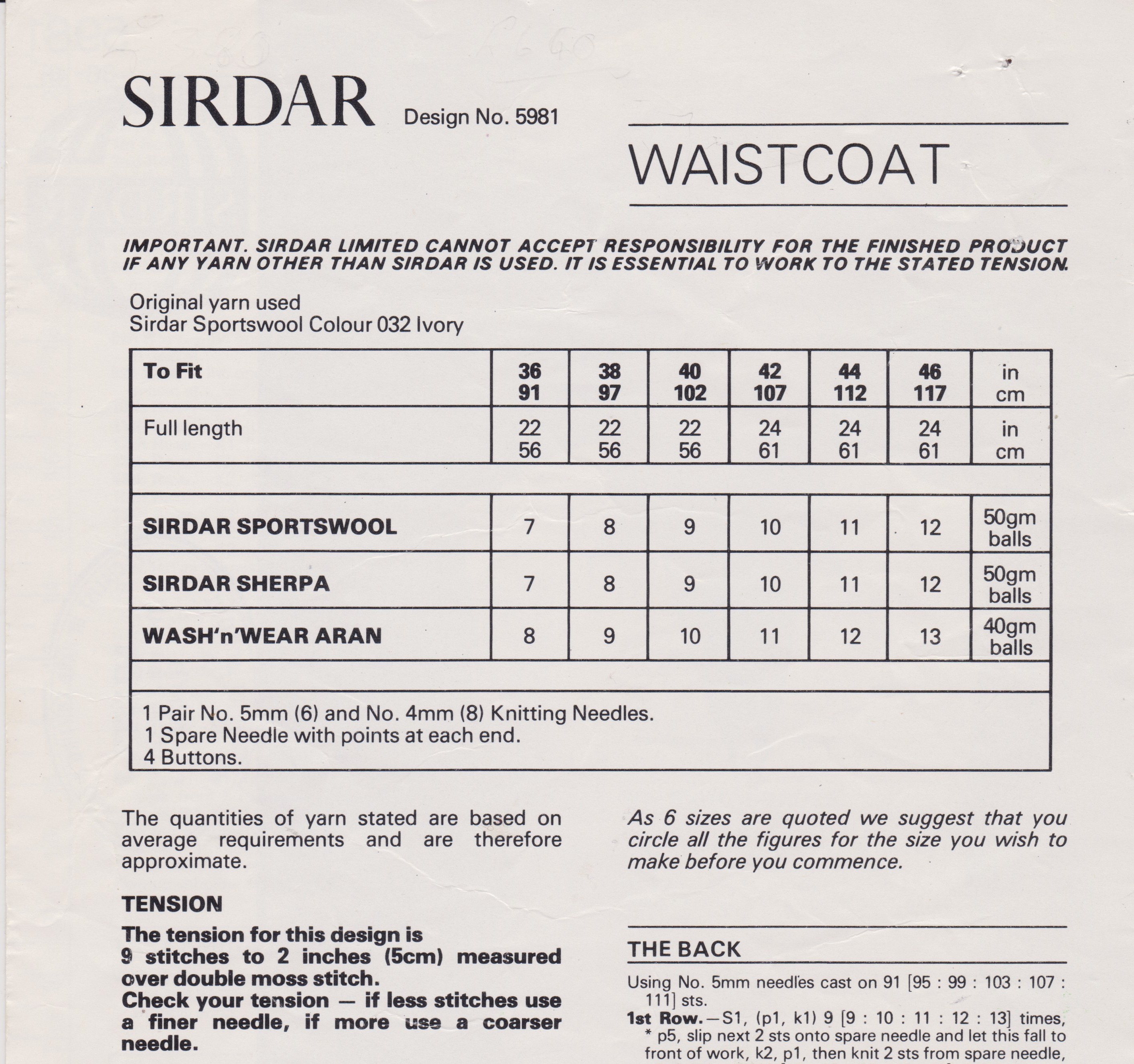SIRDAR5981 - WOMAN'S ARAN WEIGHT WAISTCOAT - PDF KNITTING PATTERN