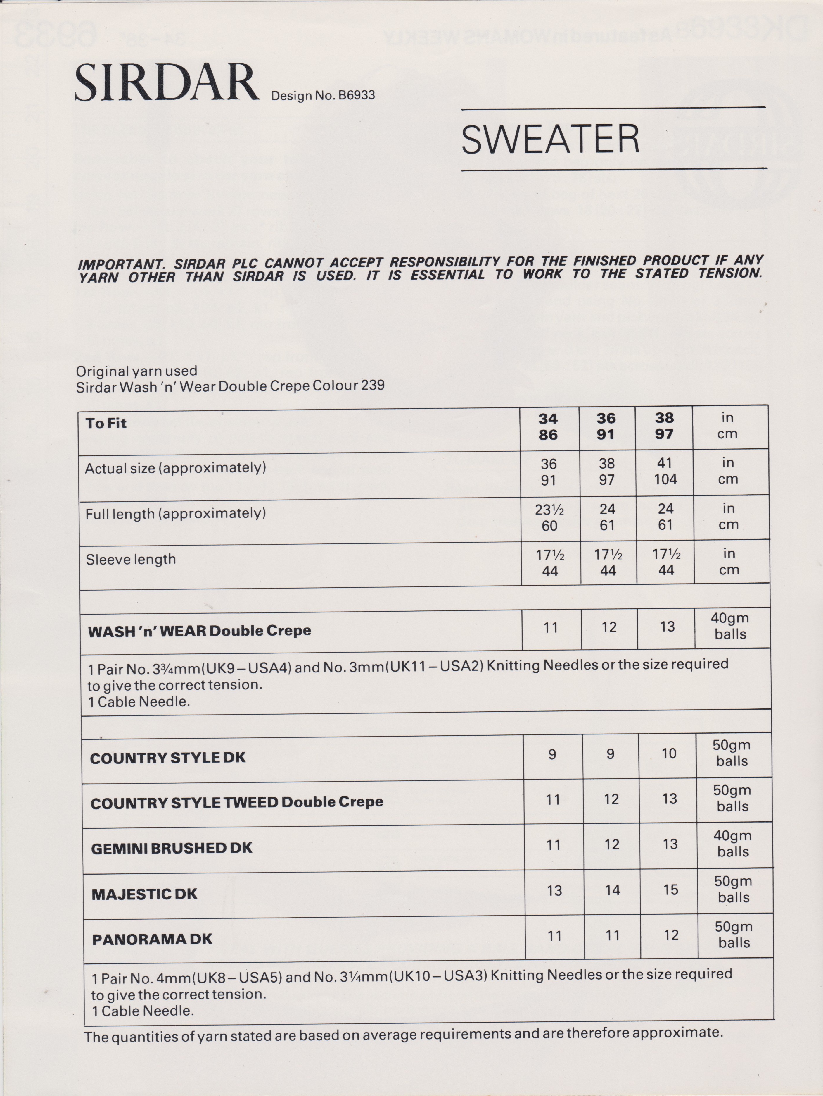 SIRDAR6933 - WOMAN'S CABLE SWEATER IN DOUBLE KNITTING - PDF KNITTING PATTERN