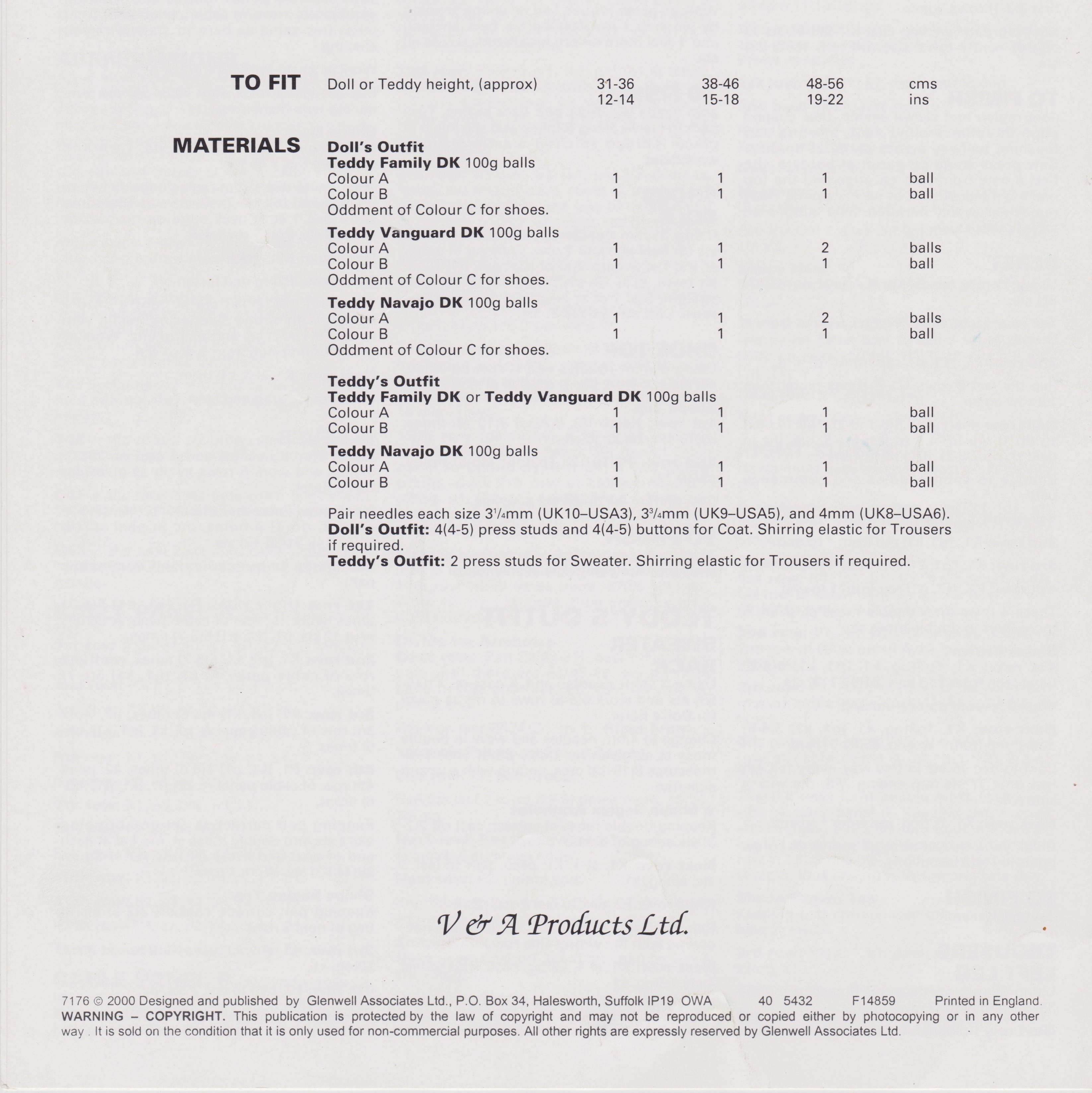 TEDDY7176 - DOLL AND TEDDY CABLE OUTFITS - PDF KNITTING PATTERN