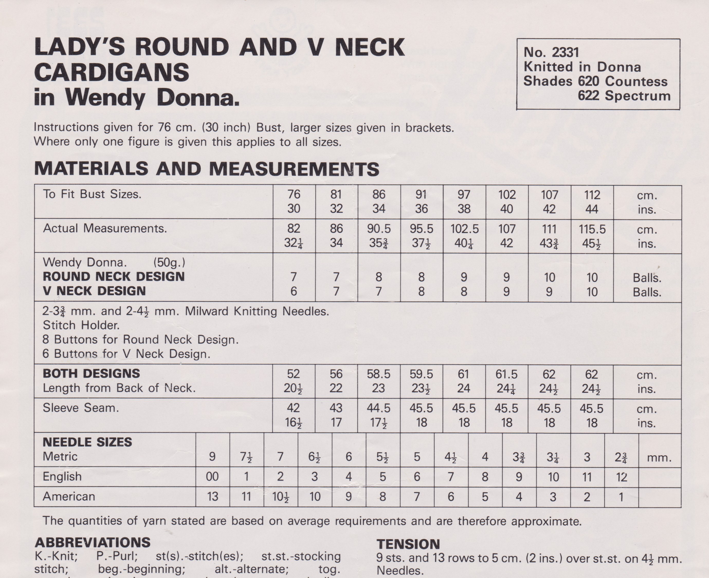 WENDY2331 - WOMAN'S V AND ROUND NECK CARDIGANS - PDF KNITTING PATTERN
