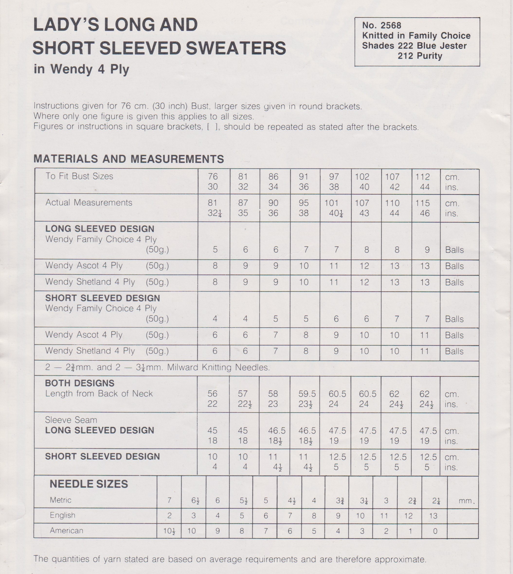 WENDY2568 - Woman's 4 ply Short or Long Sleeved Sweater - PDF knitting pattern