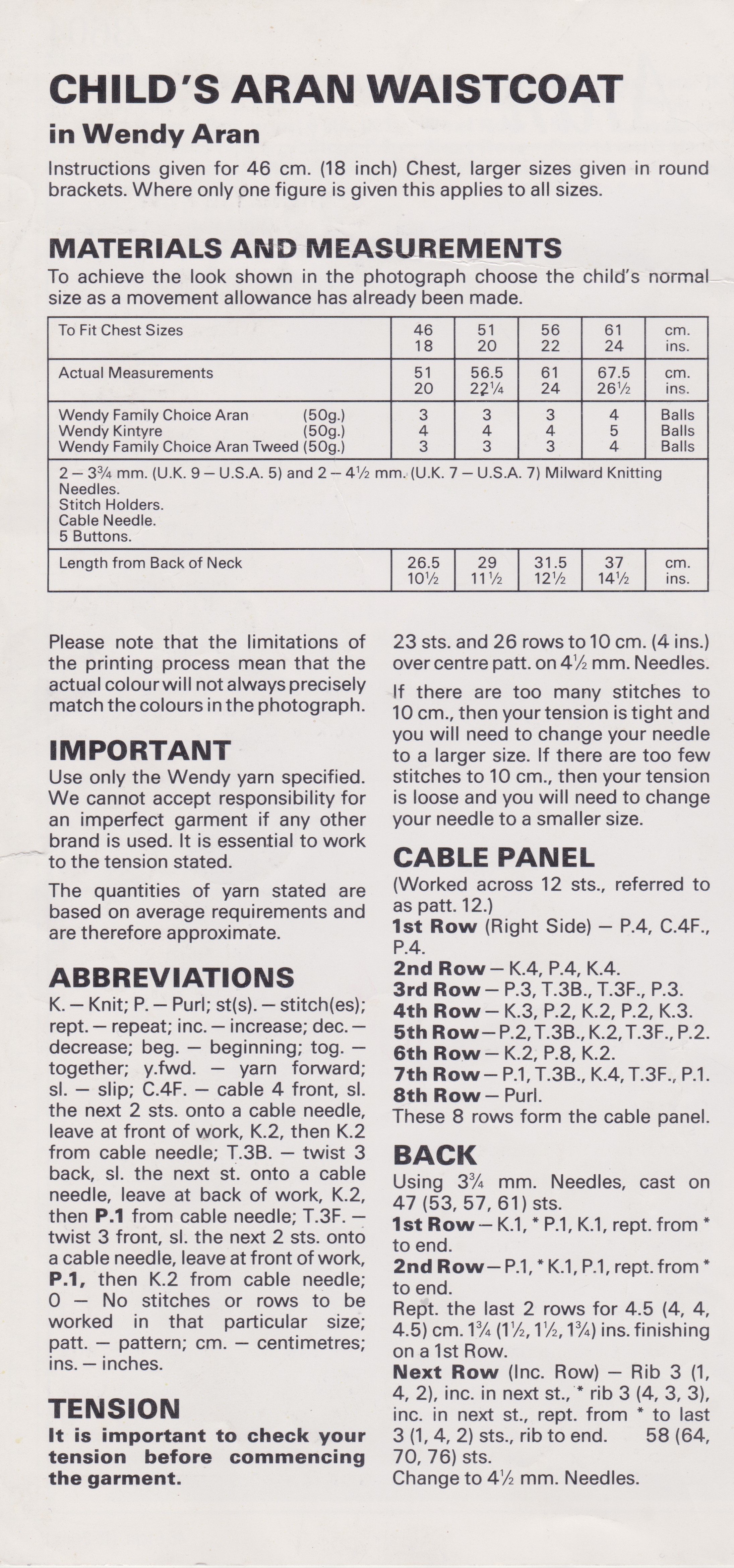 WENDY3604 - CHILD'S ARAN CABLE PATTERN WAISTCOAT - PDF KNITTING PATTERN