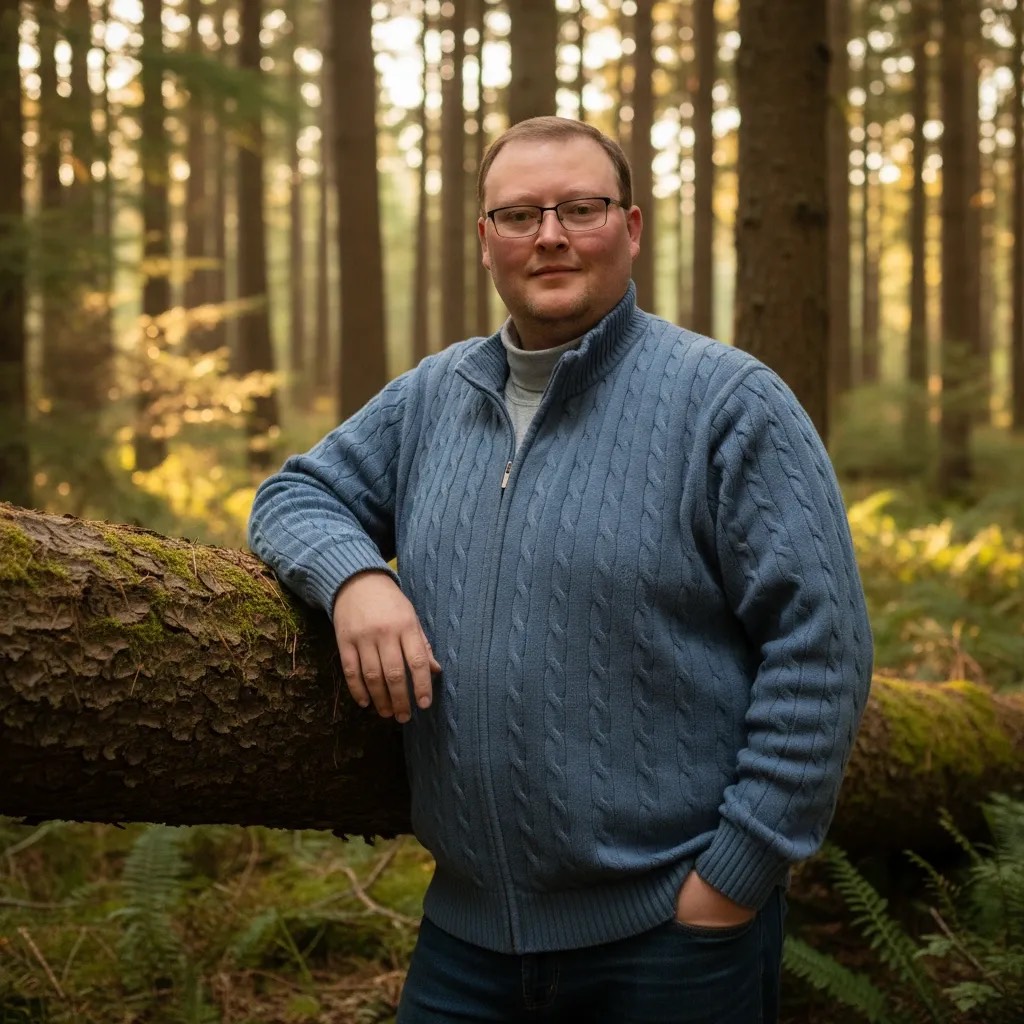 Greg, the owner of Aromeo, standing in the woods.