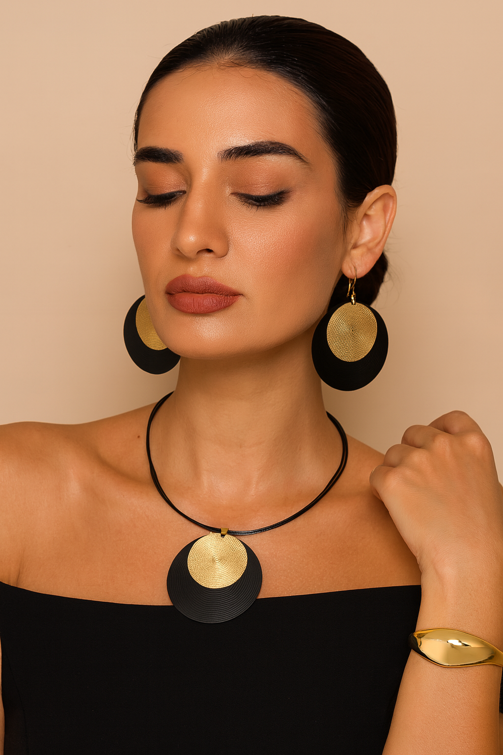 3pc/set Large Round Earrings & Collar Necklace Set, Rope chain and metal pendant