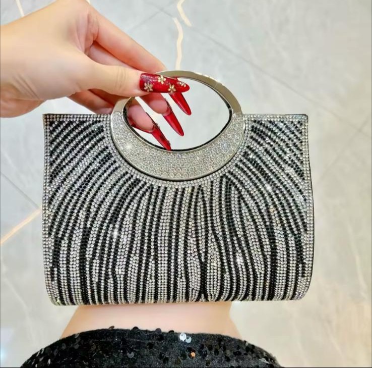 Black Shiny Diamond Stripes Evening Bag