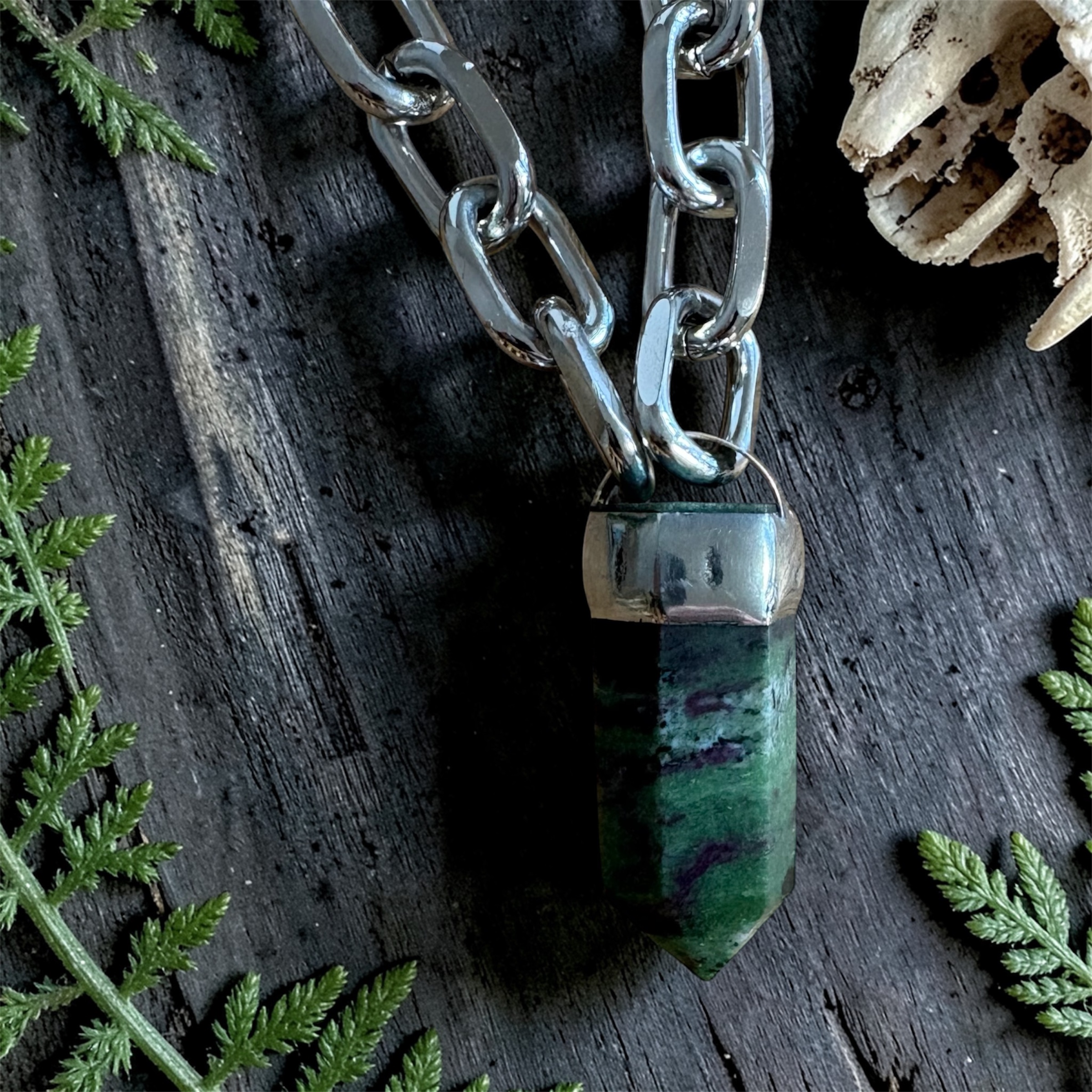 Crystal Pendant Chunky Chain Necklace Silver Stainless Steel – Green