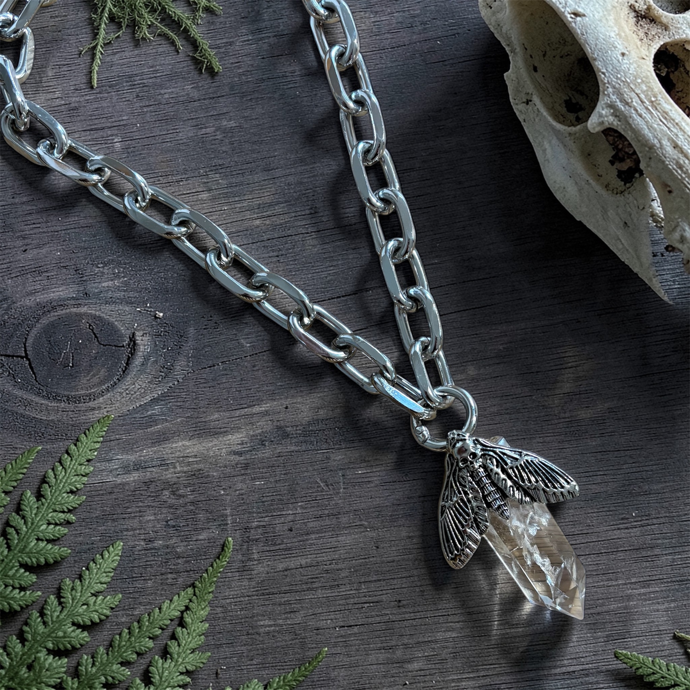 Death Moth Chunky Chain Crystal Pendant Necklace