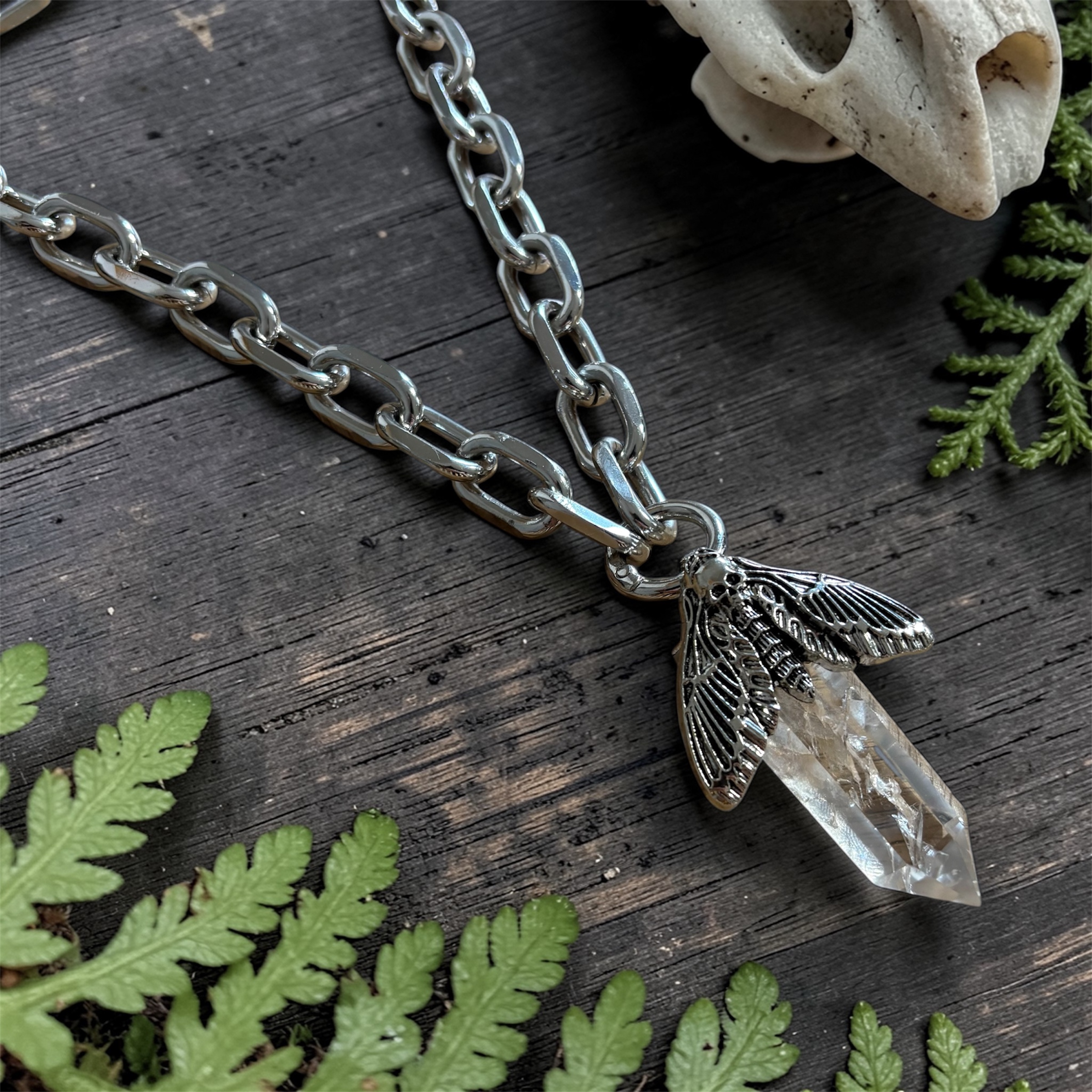 Death Moth Chunky Chain Crystal Pendant Necklace