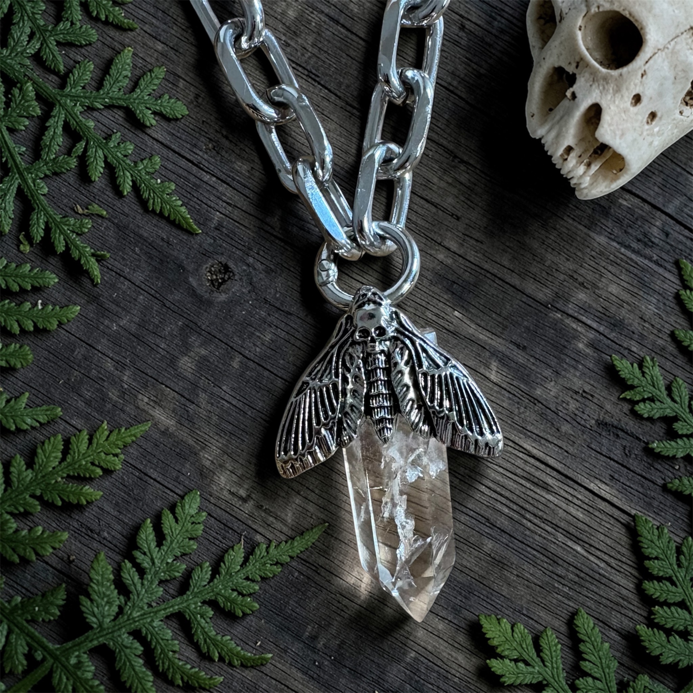 Death Moth Chunky Chain Crystal Pendant Necklace