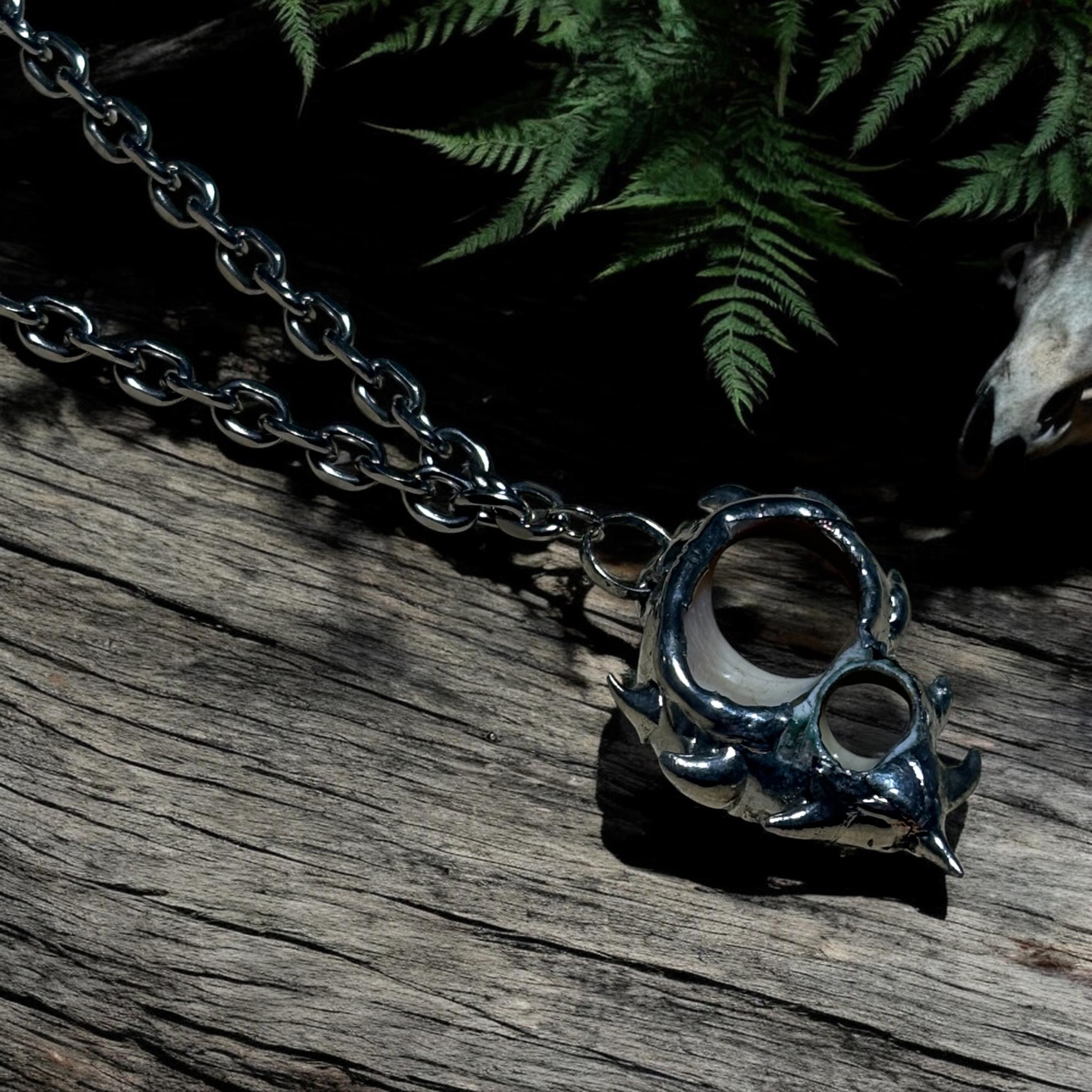 Hand-Forged Metal Enrobed Natural Shell Pendant Necklace