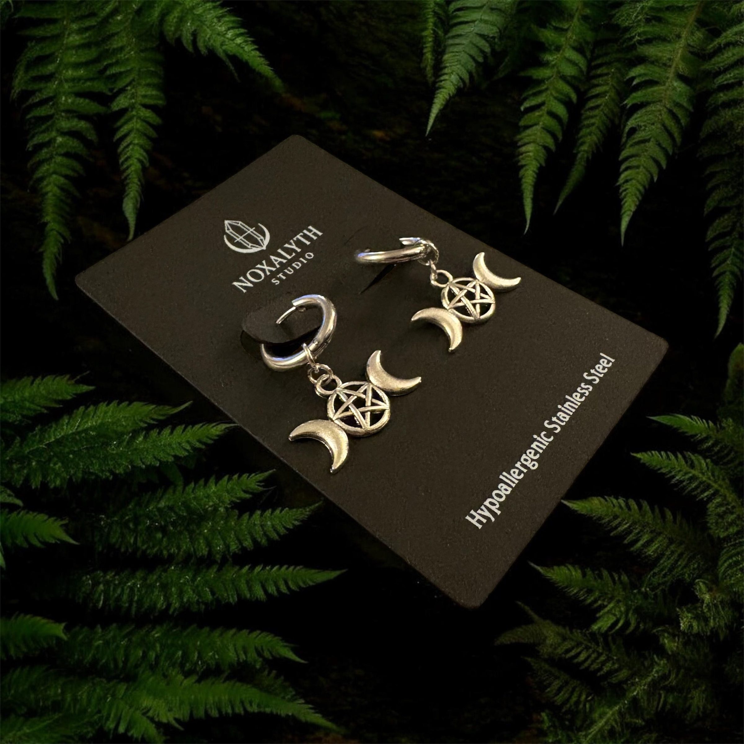 Triple Moon Pentagram Hoop Earrings Silver Tone – Stainless Steel Gothic Witchy Jewellery