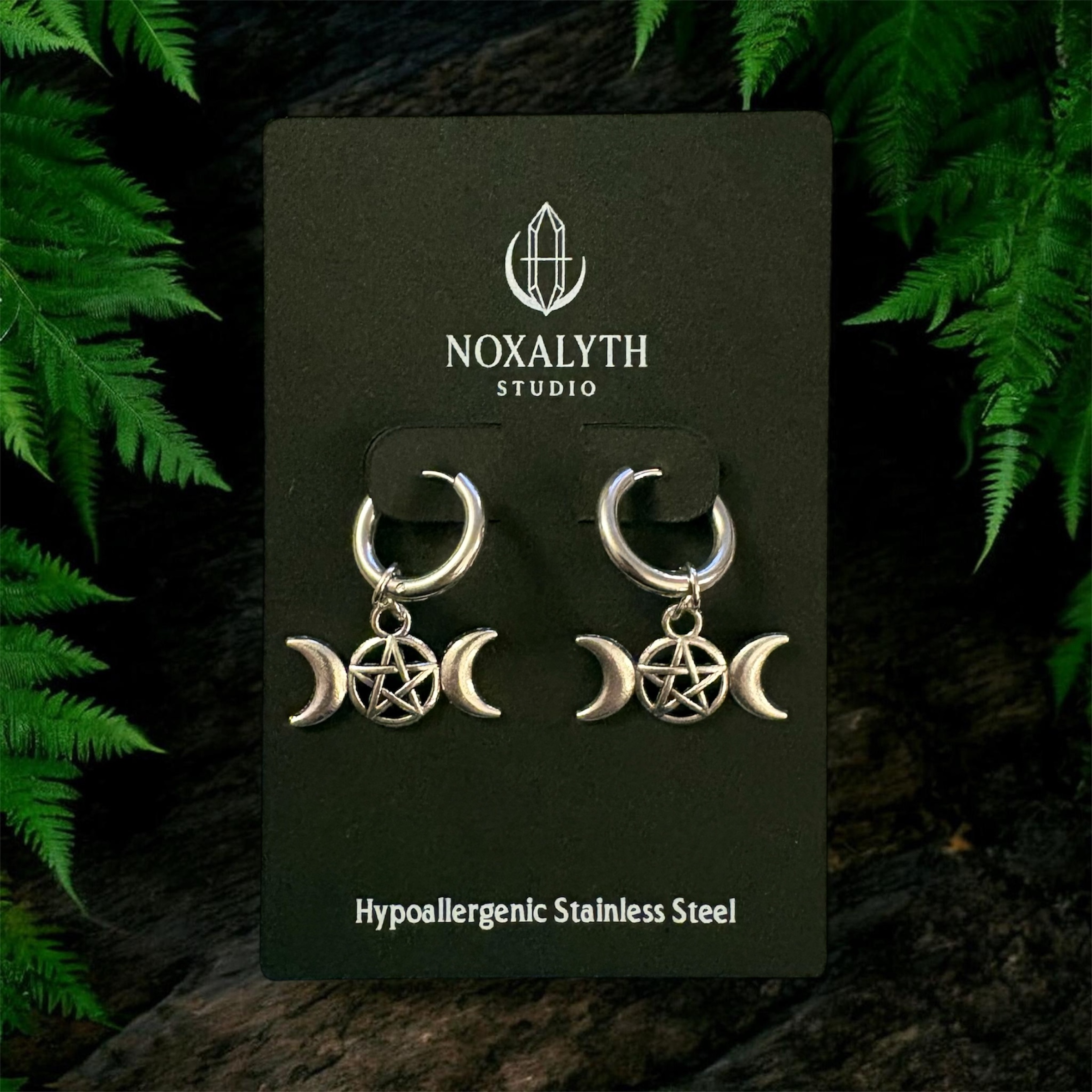 Triple Moon Pentagram Hoop Earrings Silver Tone – Stainless Steel Gothic Witchy Jewellery