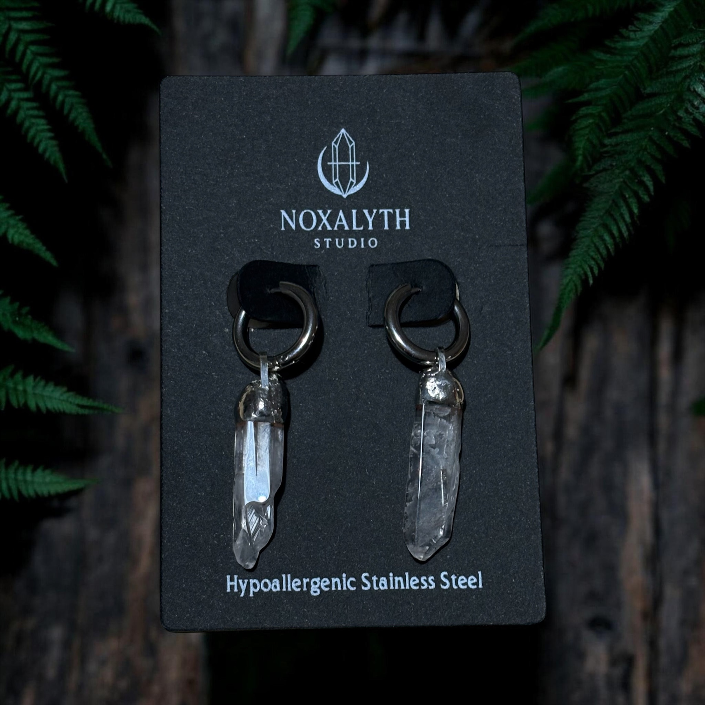 Clear Quartz Crystal Hoop Earrings Silver Tone – Stainless Steel Gothic Alt Jewellery