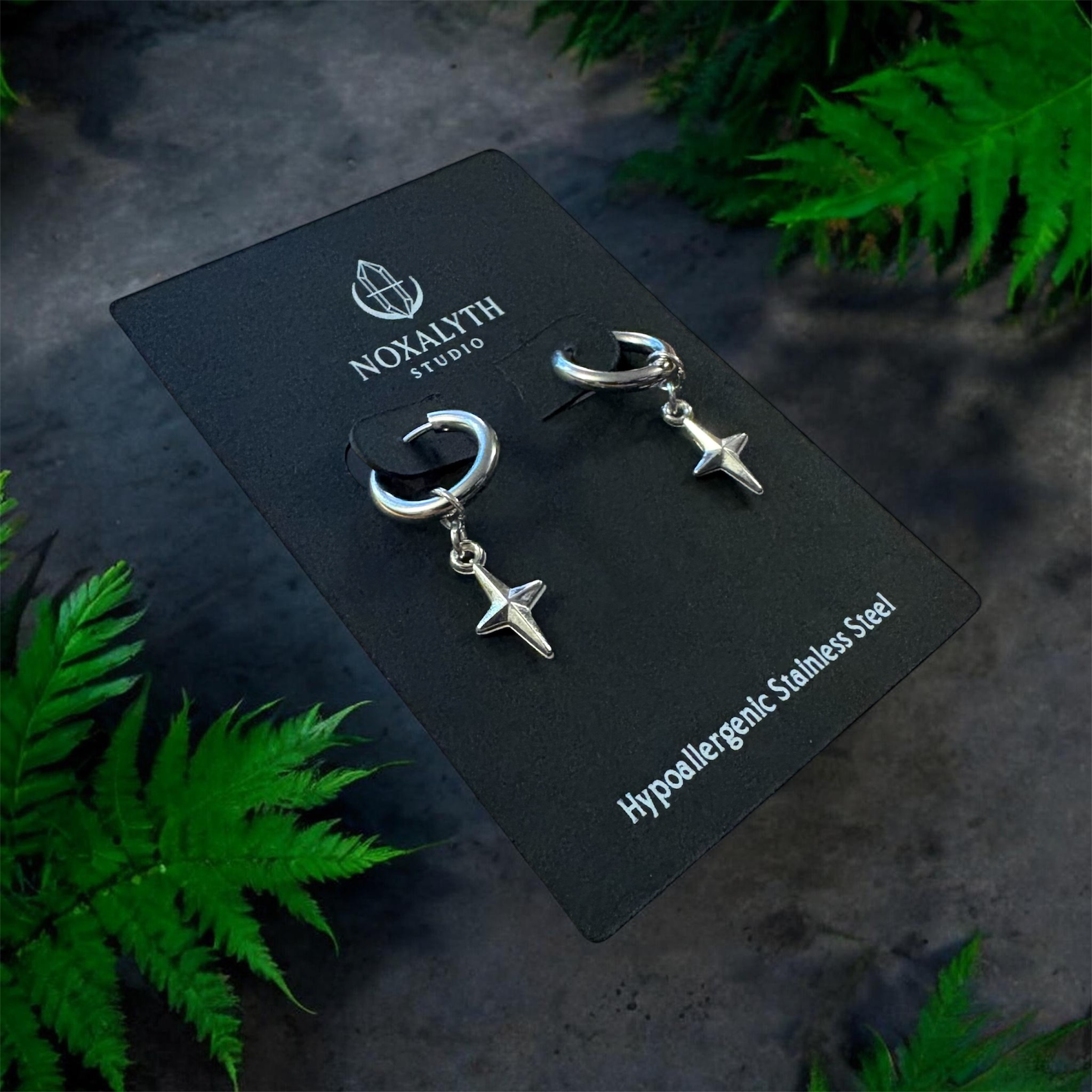 North Star Cross Hoop Earrings Silver Tone – Stainless Steel Gothic Alt Minimal Jewellery