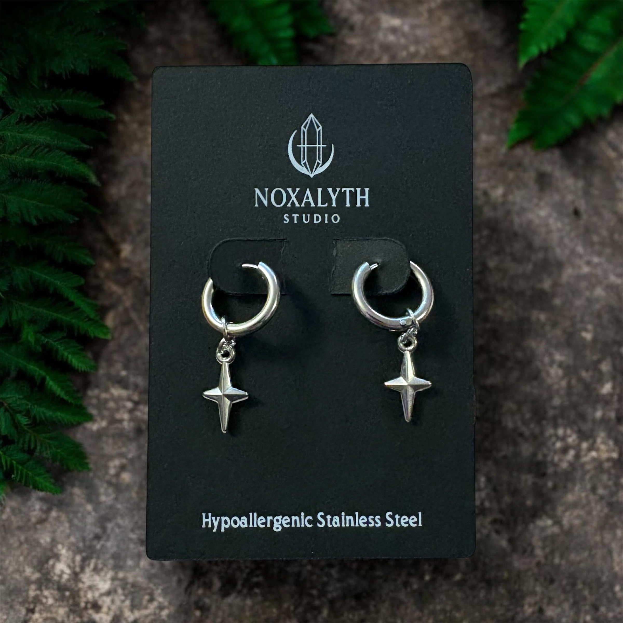 North Star Cross Hoop Earrings Silver Tone – Stainless Steel Gothic Alt Minimal Jewellery