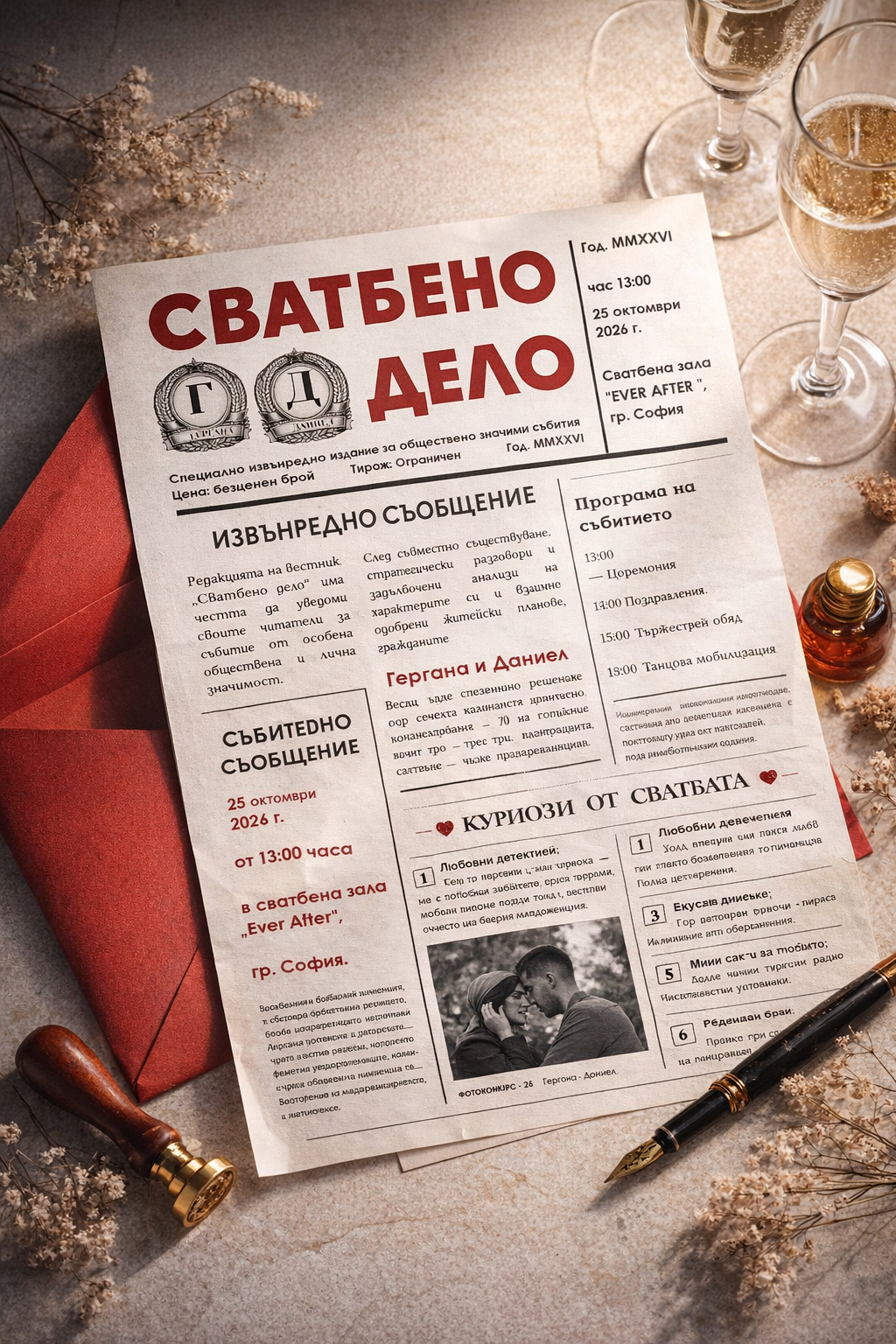Покана за сватба - вестник "Работническо дело"