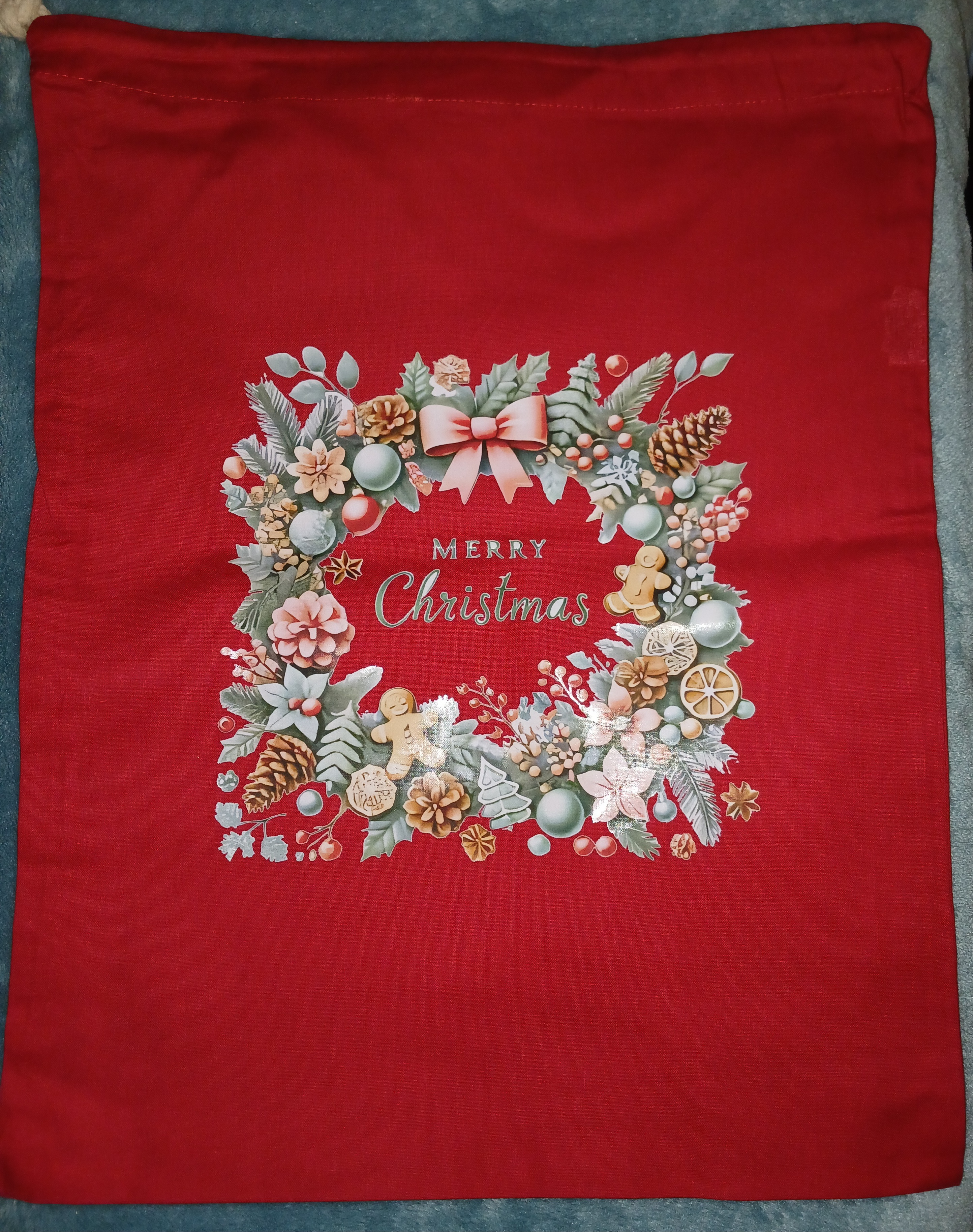Merry Christmas Red Bow Square Wreath Christmas Sack