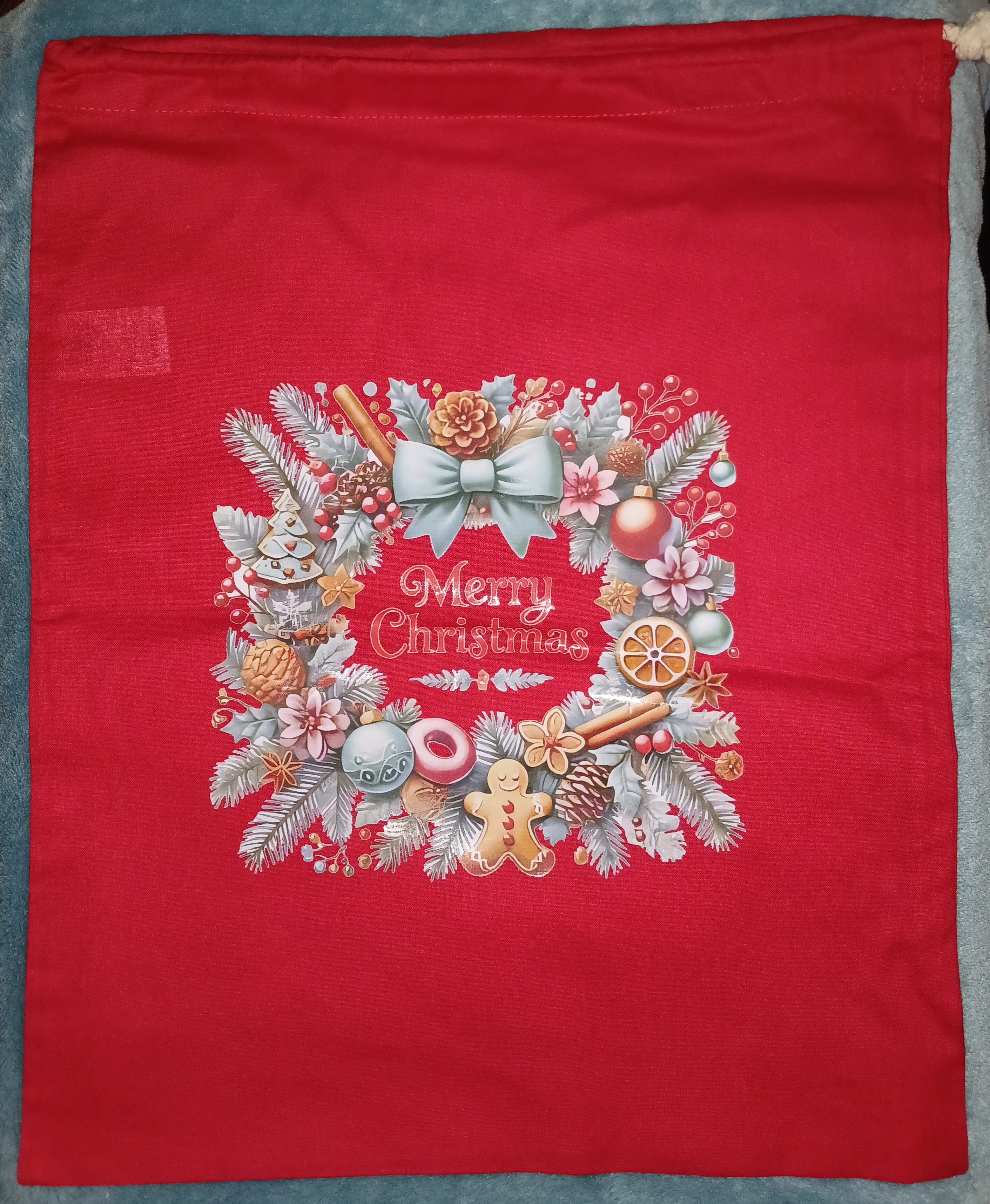Merry Christmas Blue Bow Square Wreath Christmas Sack