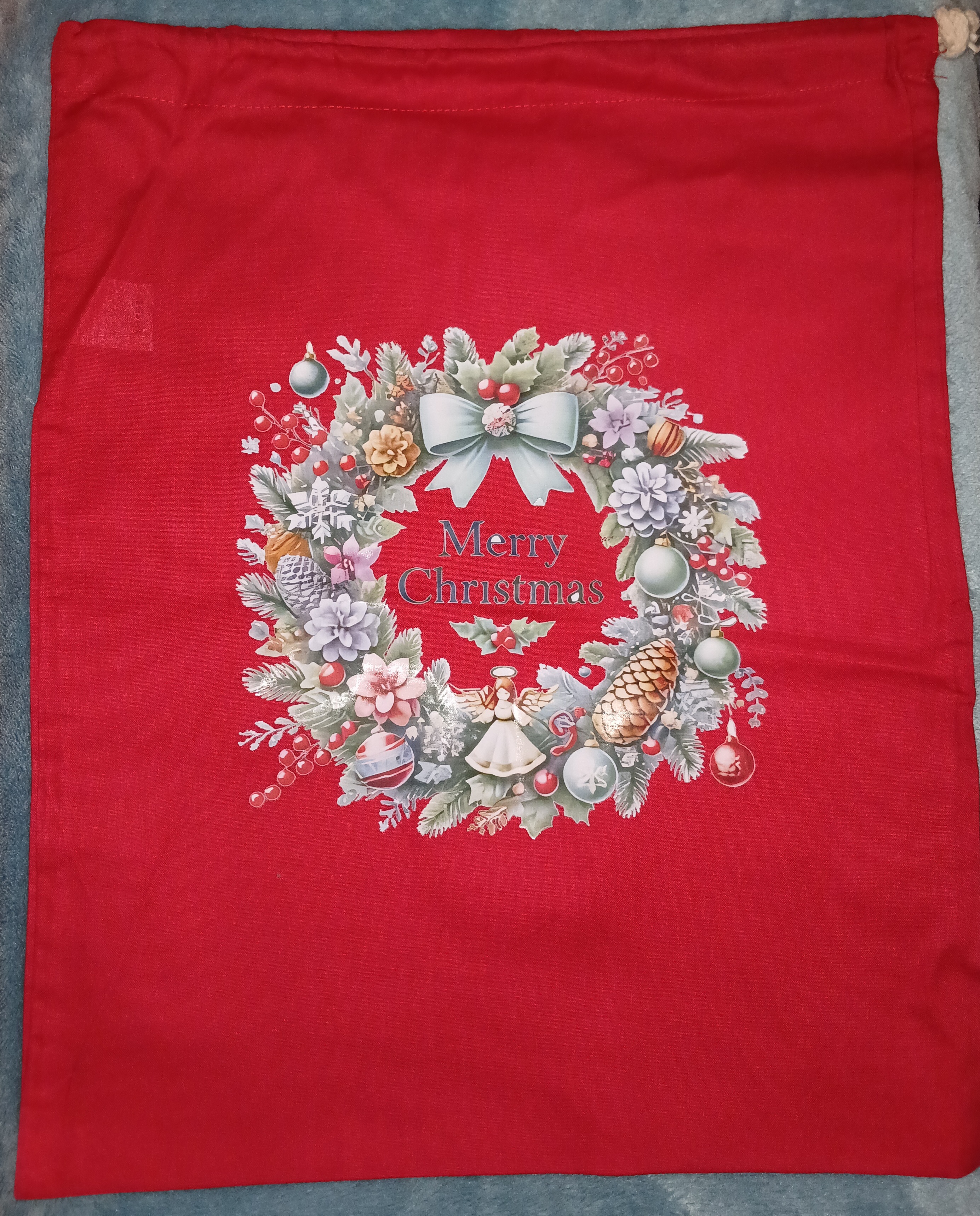 Blue Bow Merry Christmas Wreath Christmas Sack