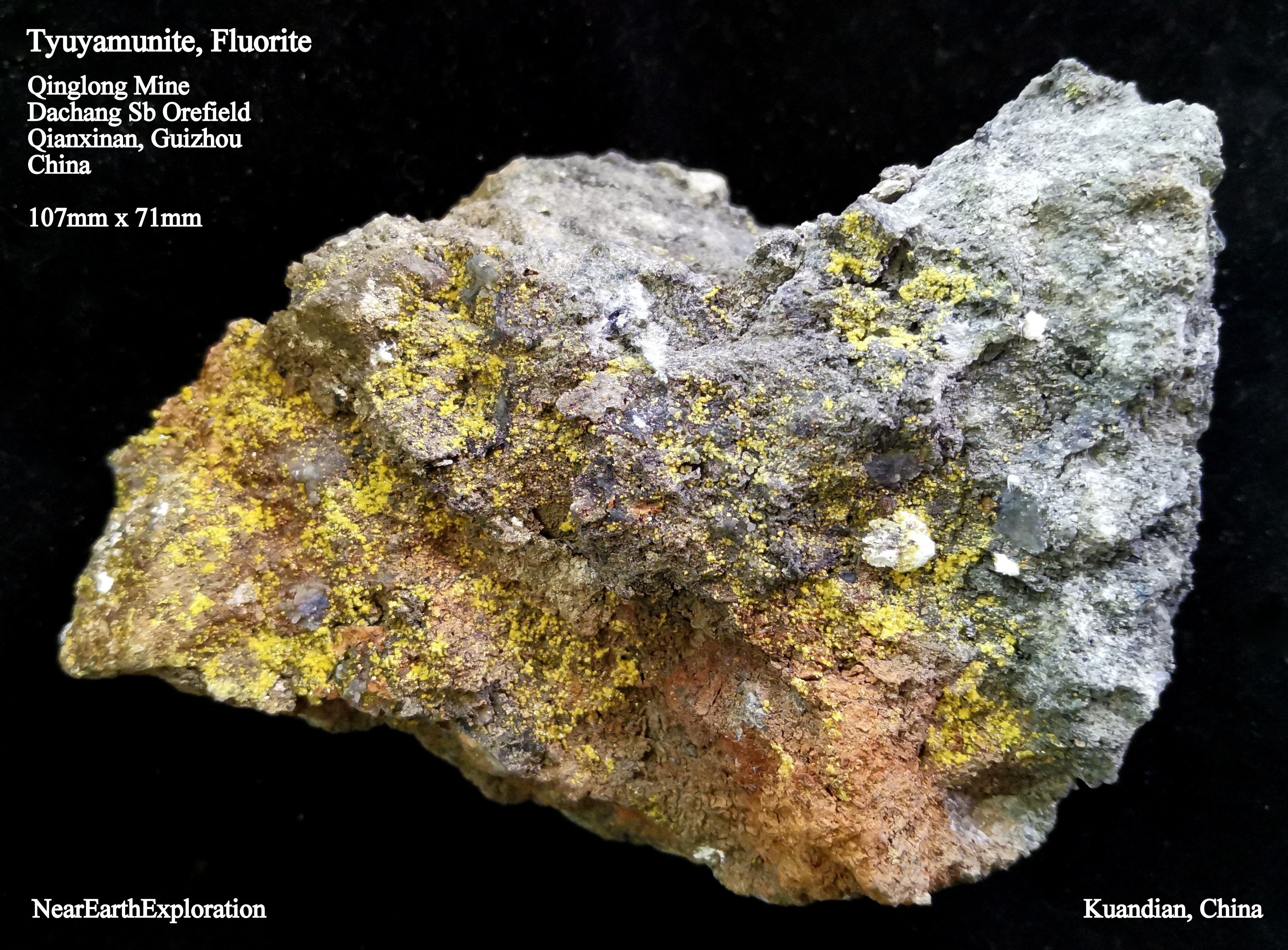 Tyuyamunite, Fluorite - Qinglong Mine, China